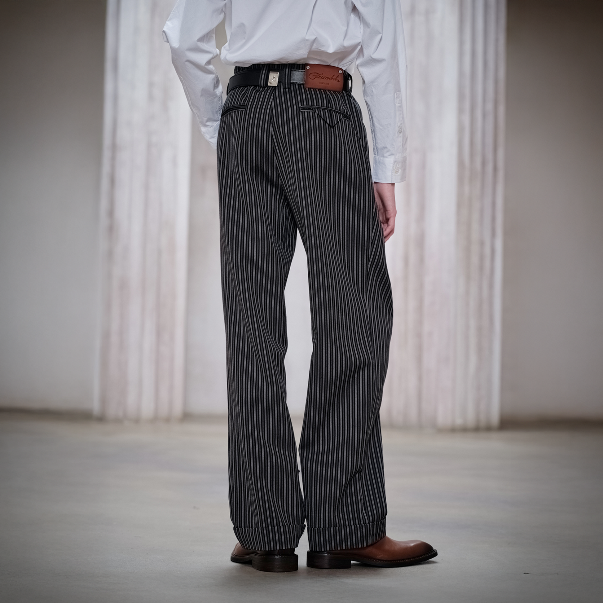 FACEONLAB Classic Striped Wool Pleated Tailored Trousers-Pants-M-Free Shipping Leatheretro