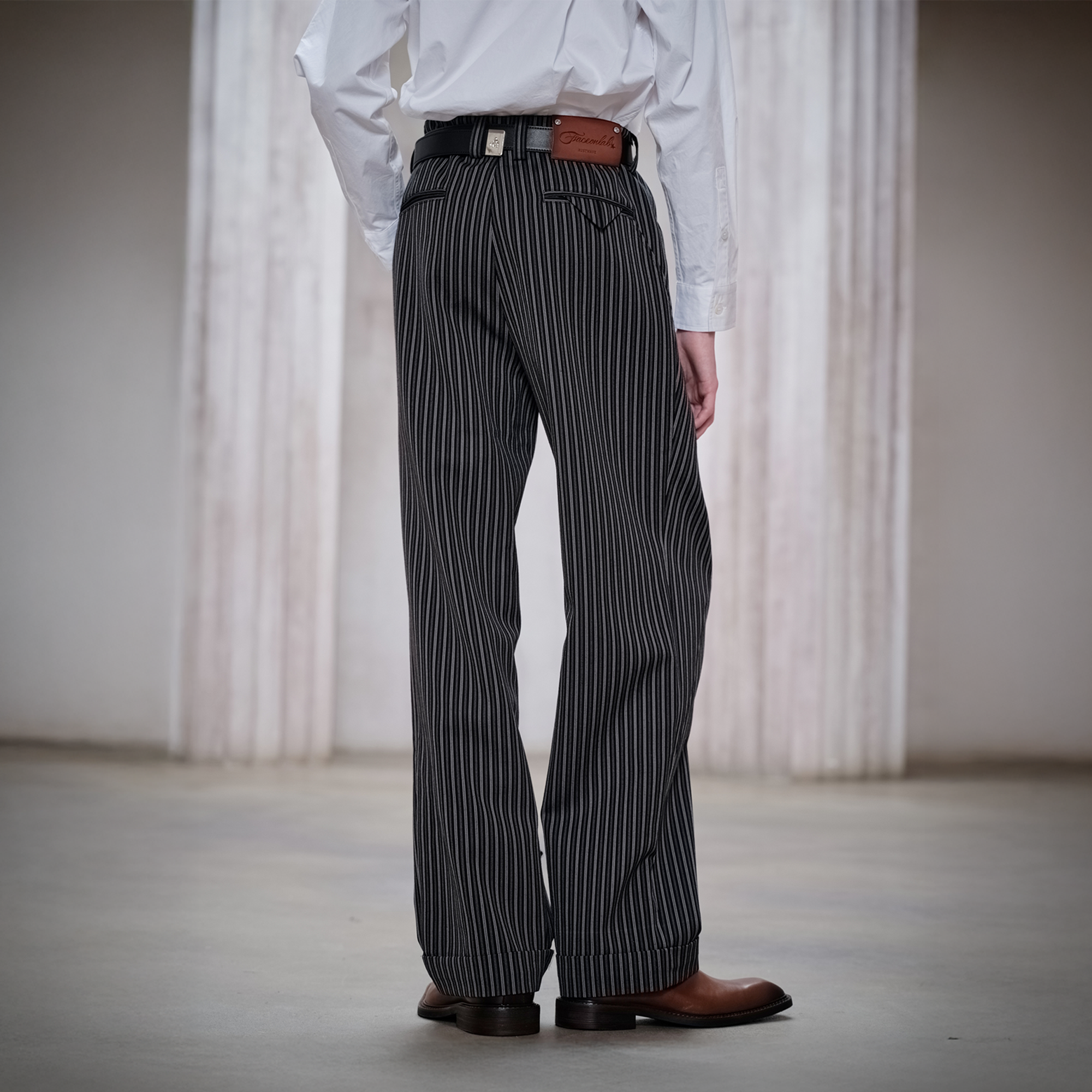 FACEONLAB Classic Striped Wool Pleated Tailored Trousers-Pants-M-Free Shipping Leatheretro