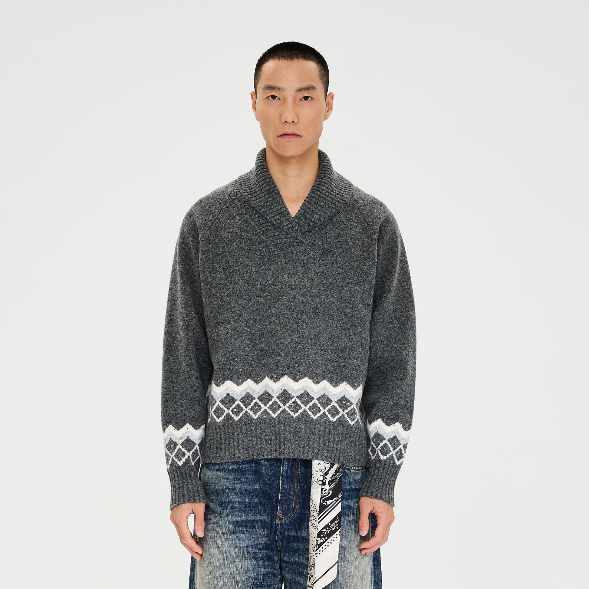 CATSSTAC Nordic Pattern Hem Shawl Collar Sweater-Sweater-M-Dark Gray-Free Shipping Leatheretro