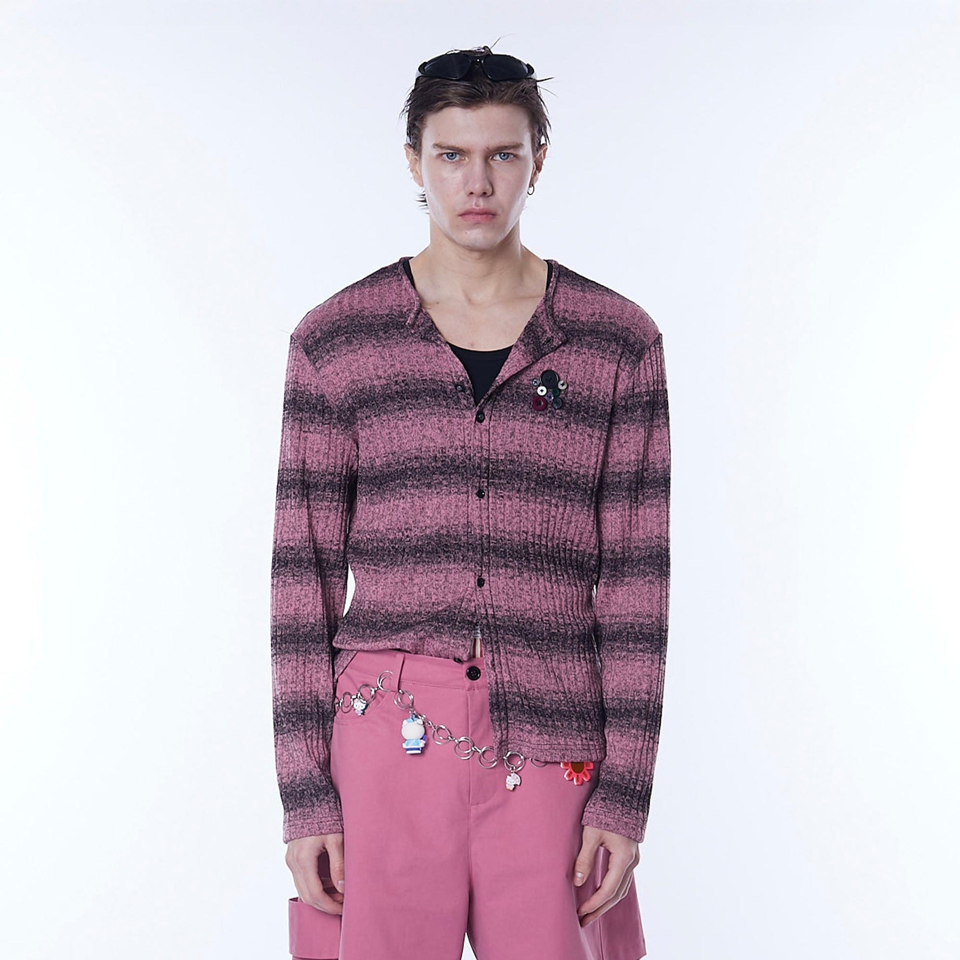 ASSEEN Horizontal Gradient Stripe Button Cardigan Pink-Sweater-S-Free Shipping Leatheretro