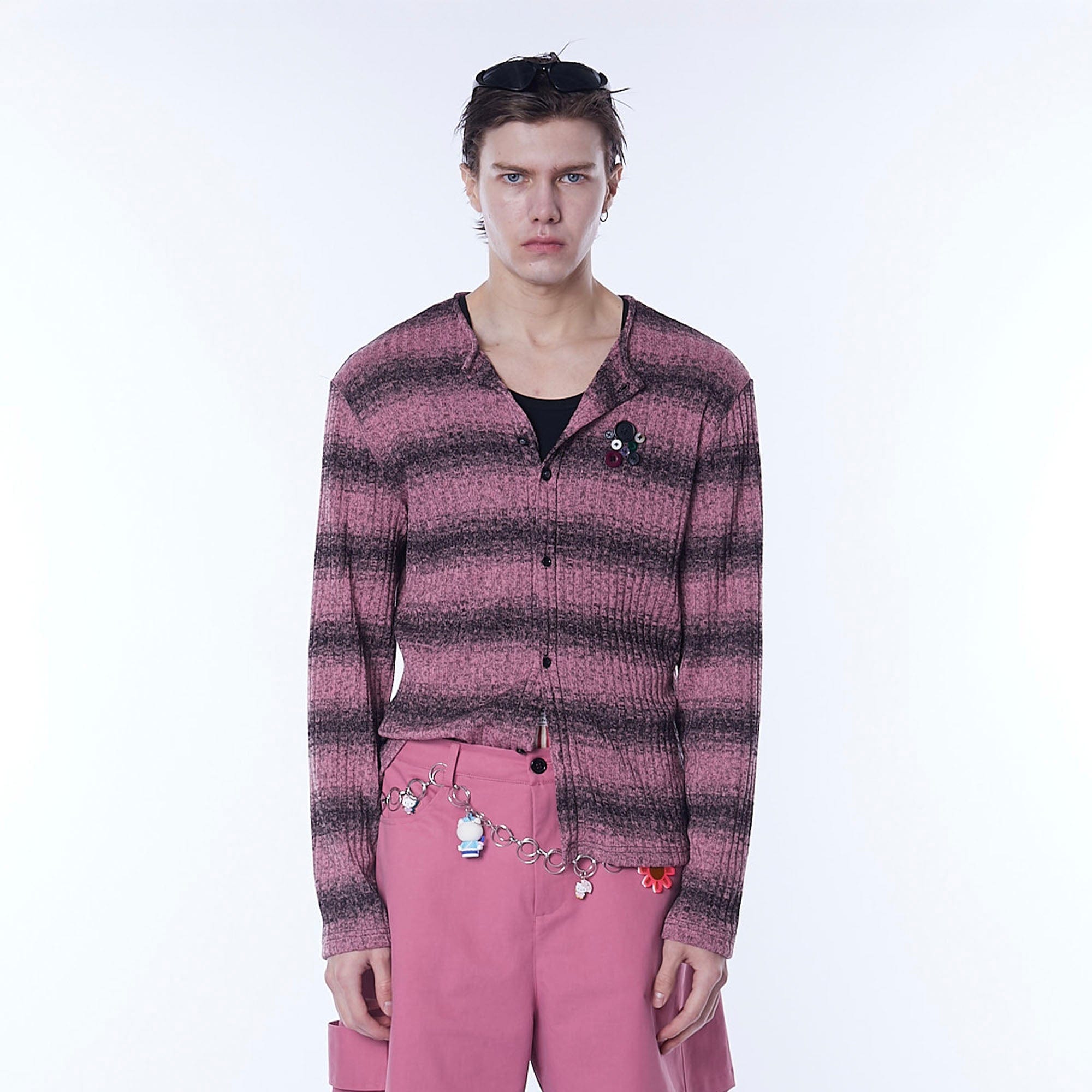 ASSEEN Horizontal Gradient Stripe Button Cardigan Pink-Sweater-S-Free Shipping Leatheretro