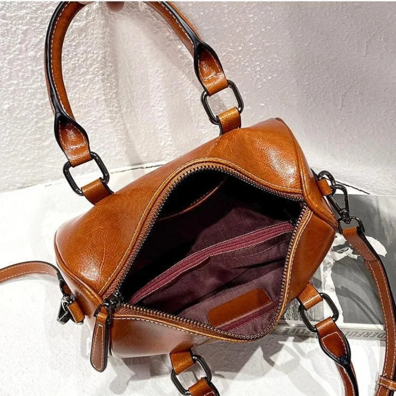 Cortex Lady Casual Zip Crossbody Bag - Top Grain Leather Cylinder Bag-Crossbody Bag-Black-Free Shipping Leatheretro
