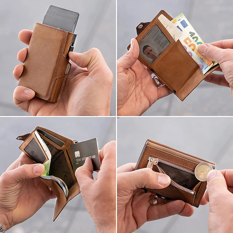 Pop-Up Leather Card Holder Wallet - Minimalist Bag Compartment For Notes-Wallets & Money Clips-Black-Free Shipping Leatheretro