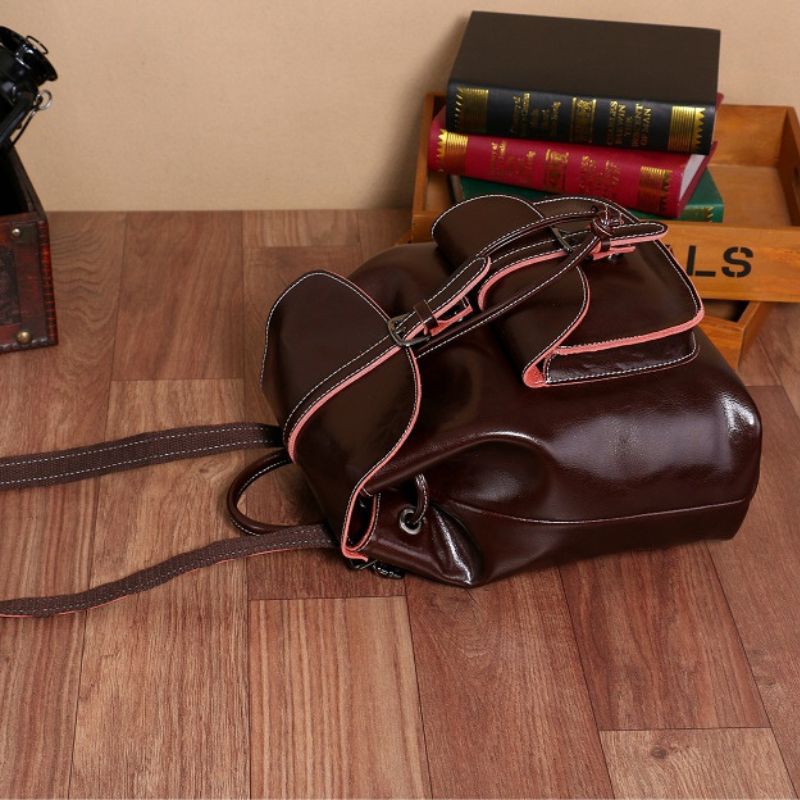 Genuine Waxed Leather Drawstring Backpack for Women-Backpacks-Brown-Free Shipping Leatheretro