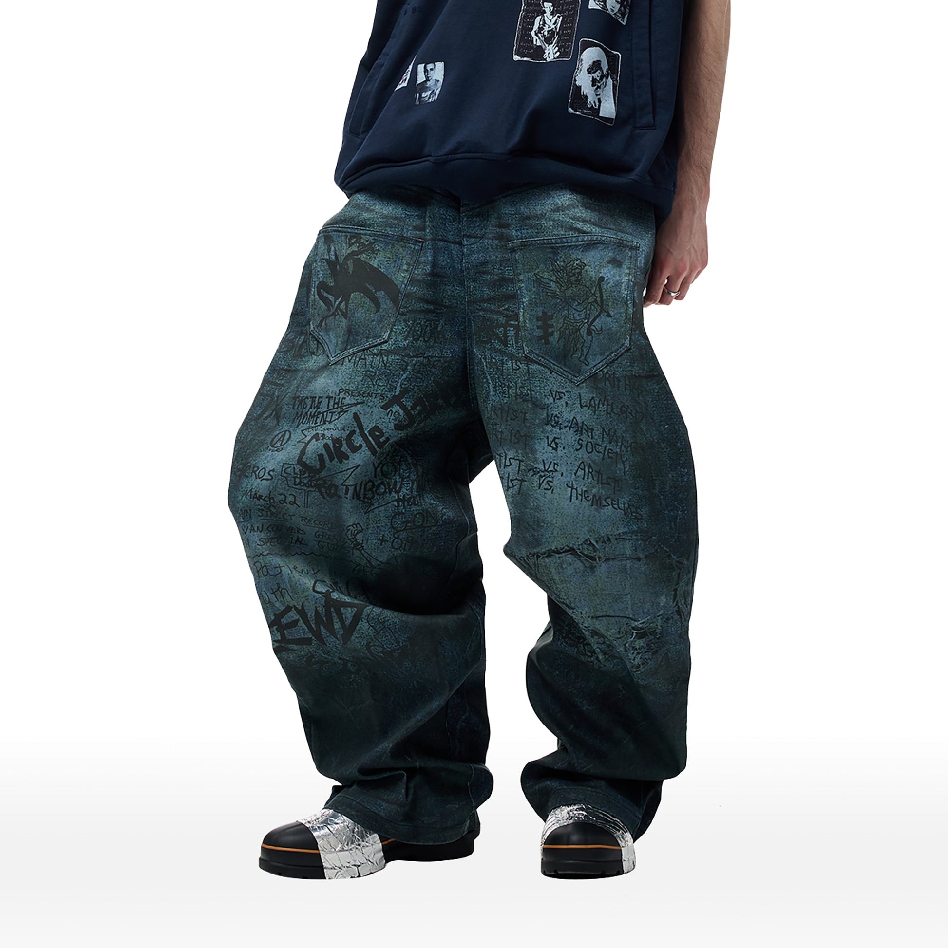 CYCYCY Dirty Wash Graffiti Baggy Jeans-Jeans-XXS / 27"-Free Shipping Leatheretro