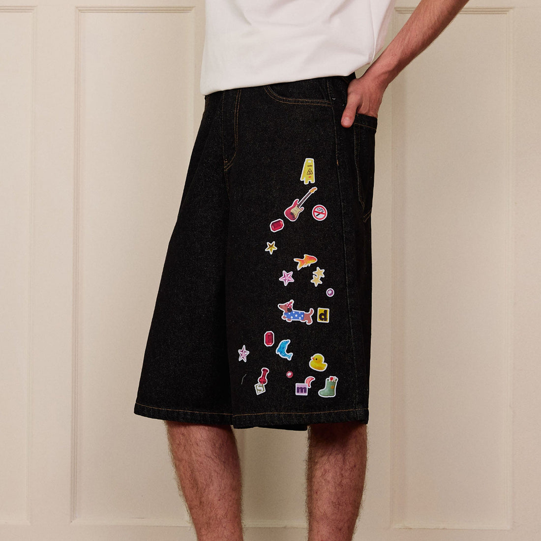 DONSMOKE Whimsical Stickers Washed Raw-Edge Shorts-Shorts-S-Blue-Free Shipping Leatheretro