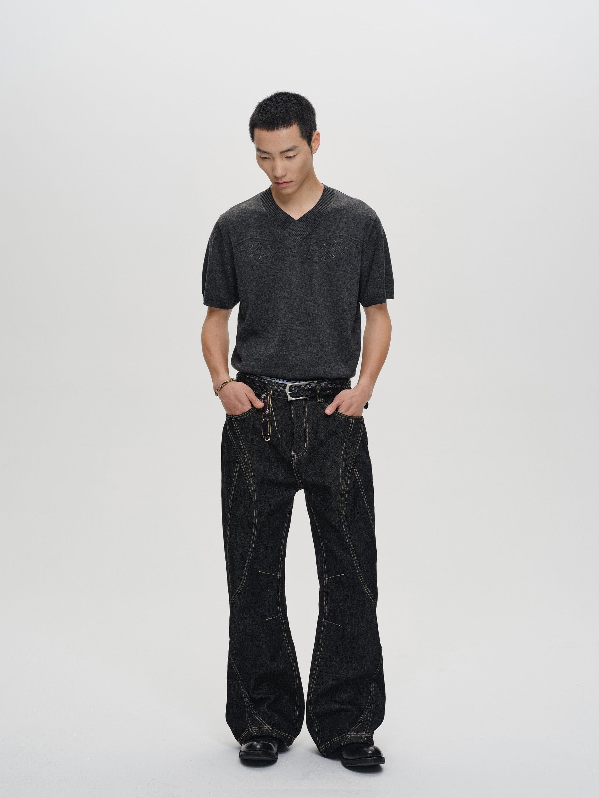 CATSSTAC Curved Panel Stitch Straight-Leg Raw Jeans-Jeans-M-Free Shipping Leatheretro