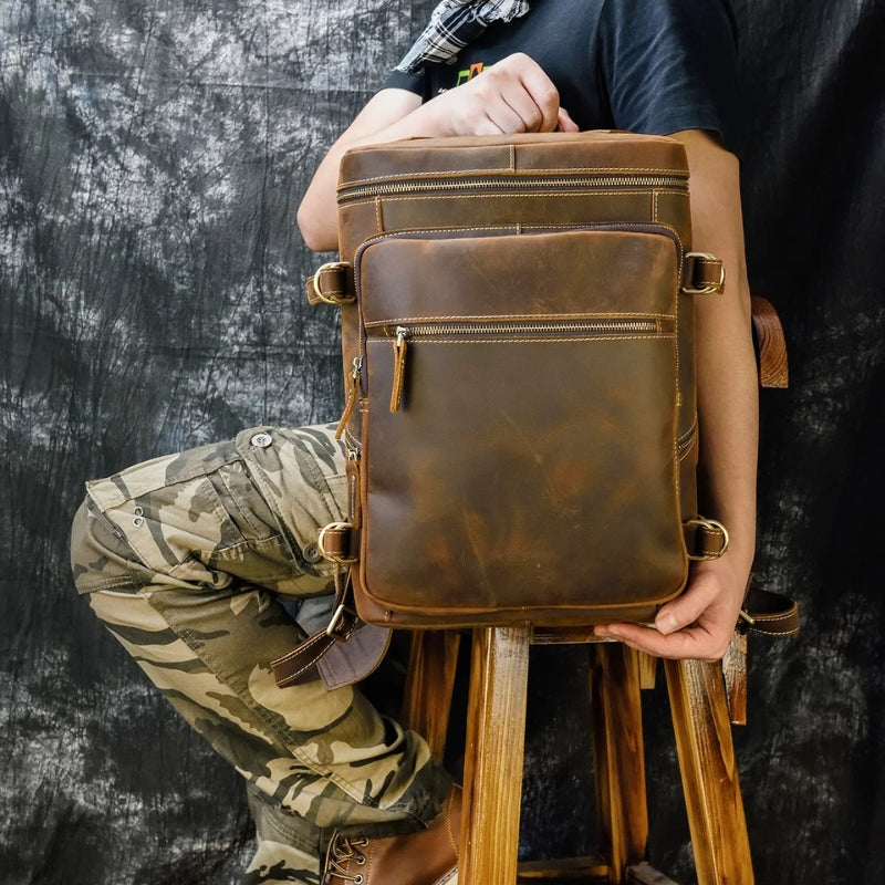 Vintage Crazy Horse Genuine Leather Backpack - Laptop Rucksack Student Bag-Backpacks-Brown-Free Shipping Leatheretro
