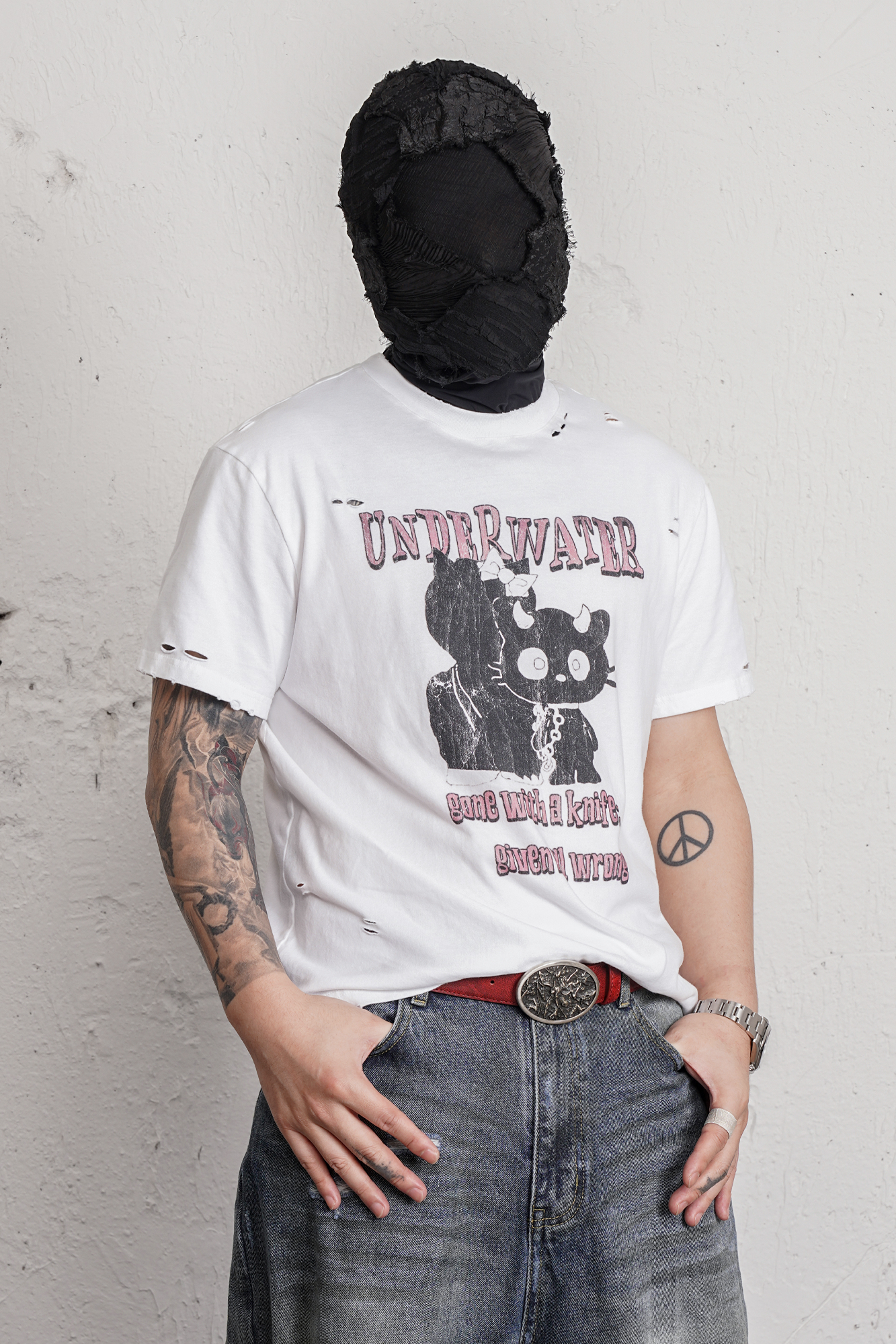 UNDERWATER Distressed Black Cat Graphic T-Shirt-T Shirt-S-Free Shipping Leatheretro