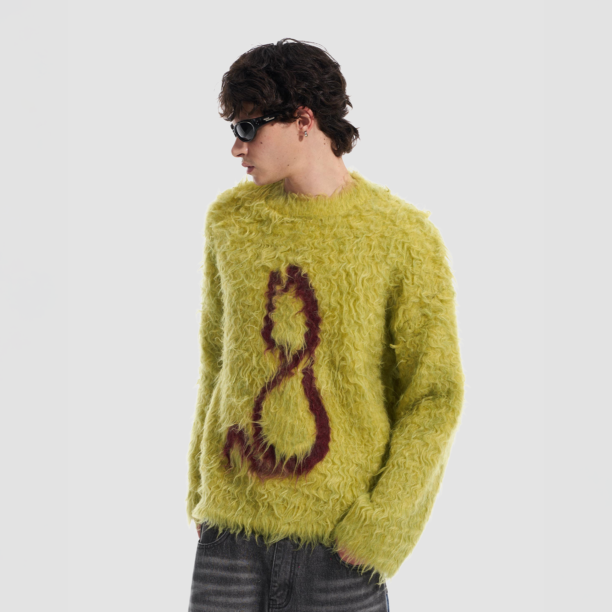 VANN VALRENCE Fuzzy Cat Intarsia Mohair Sweater-Sweater-S-Green-Free Shipping Leatheretro