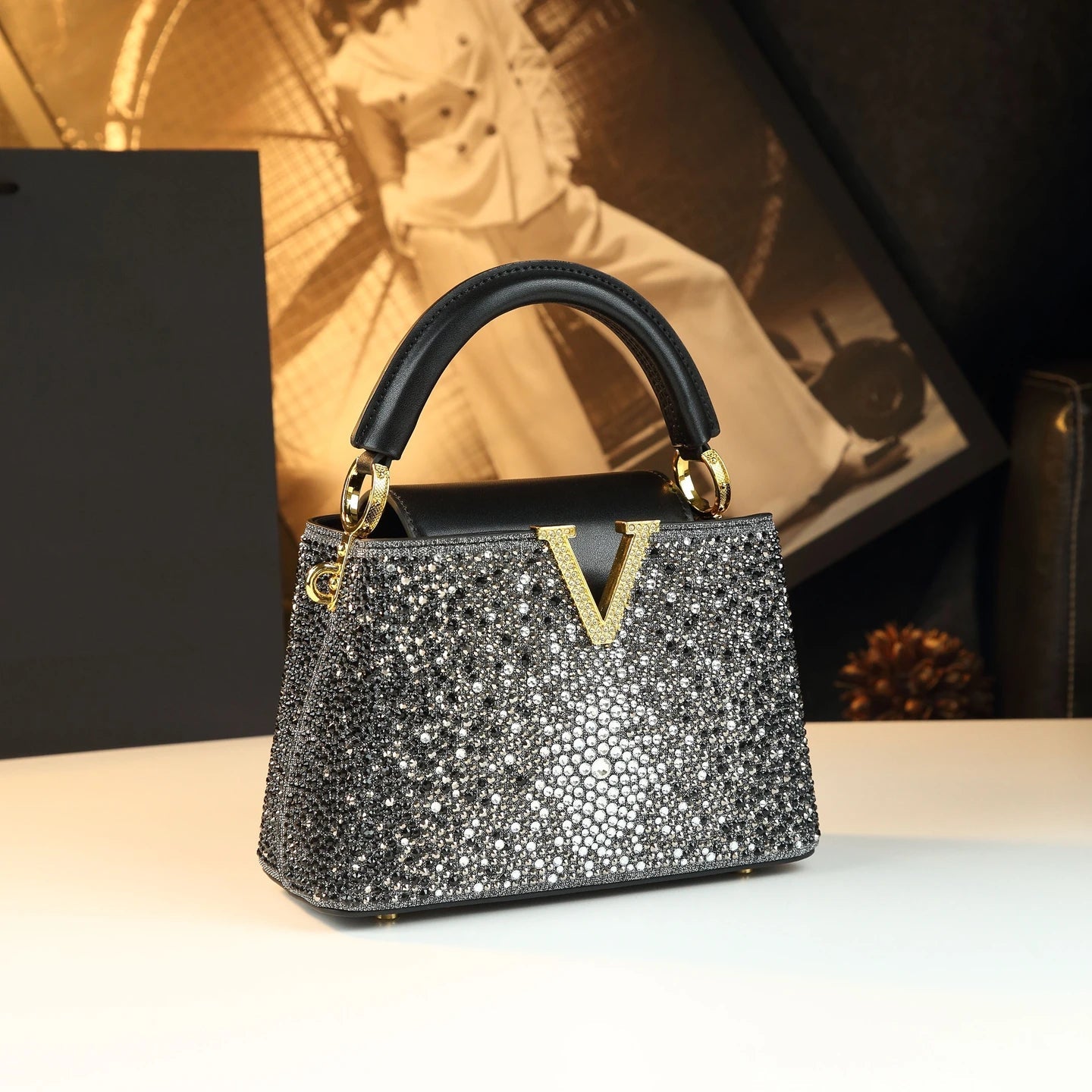 Genuine Leather V Letter Small Crossbody Bag - Diamonds Luxury Messenger Shell Bags-Crossbody Bag-Black-Free Shipping Leatheretro