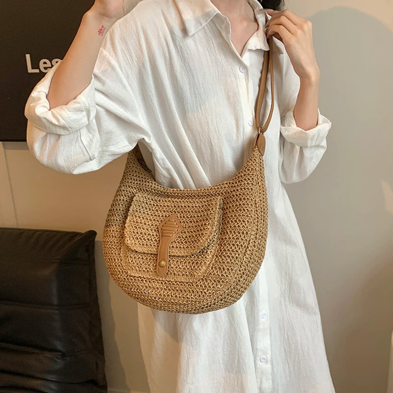 Straw Crossbody Bag Stylish Retro Vacation Look-Handbags-Beige-Free Shipping Leatheretro