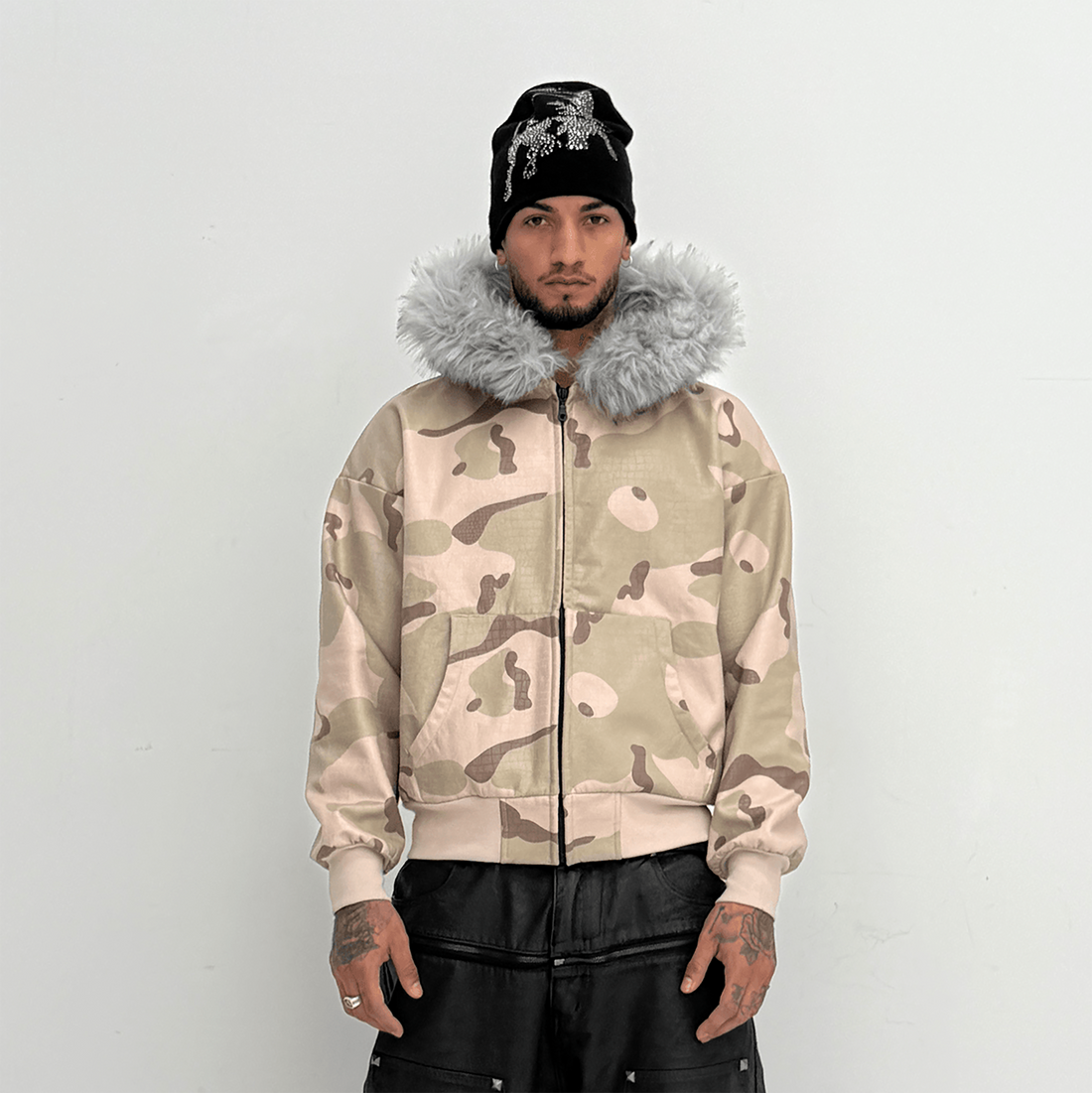 TECNINEGROUP Camo Waxed Faux Fur Hooded Jacket-Jacket-S-Free Shipping Leatheretro