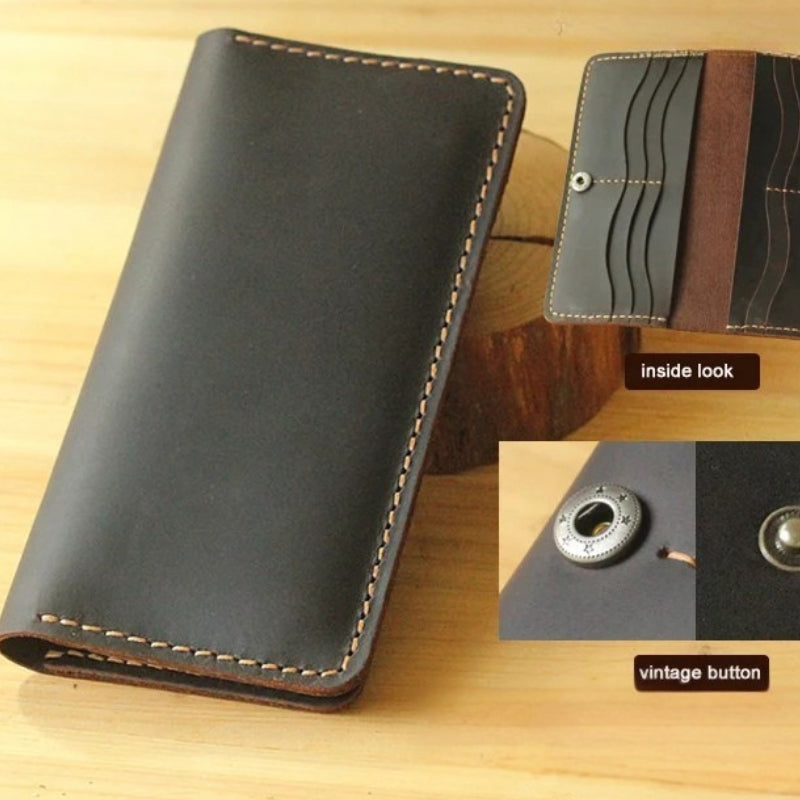 Handmade Vintage Crazy Horse Genuine Leather Wallet - Men Stylish Clutch Bag Purse-Wallets & Money Clips-Black without button-Free Shipping Leatheretro