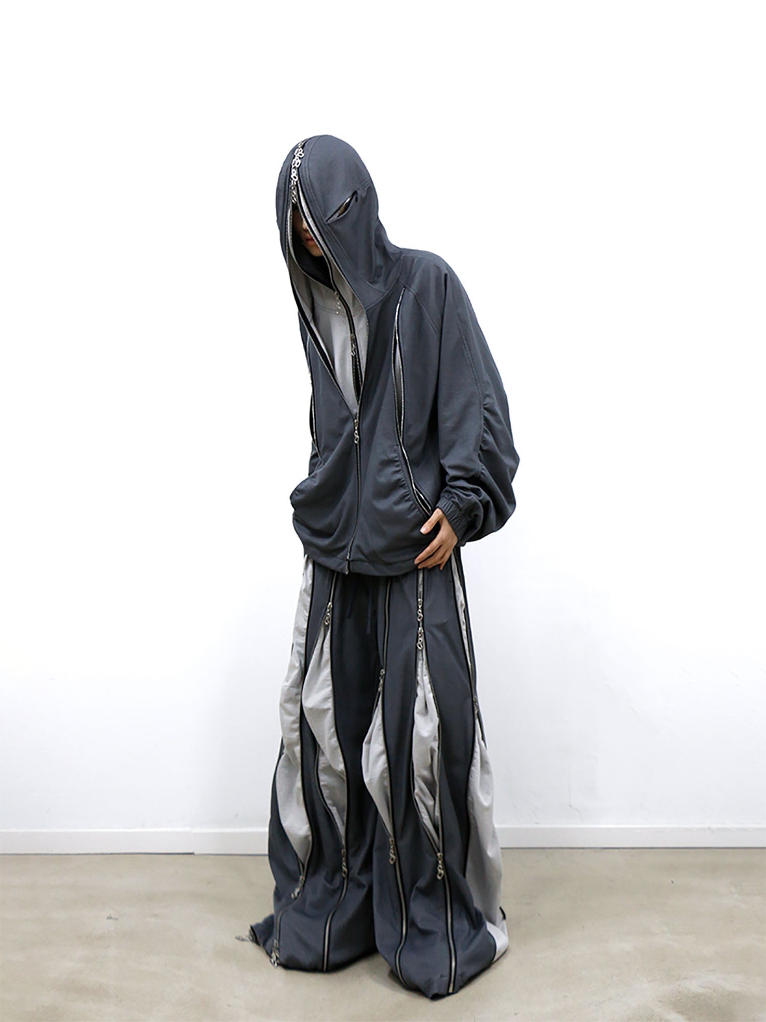 RELABEL Layered Multi-Zip Mask Hood Jacket Gray-Jacket-XS-Free Shipping Leatheretro