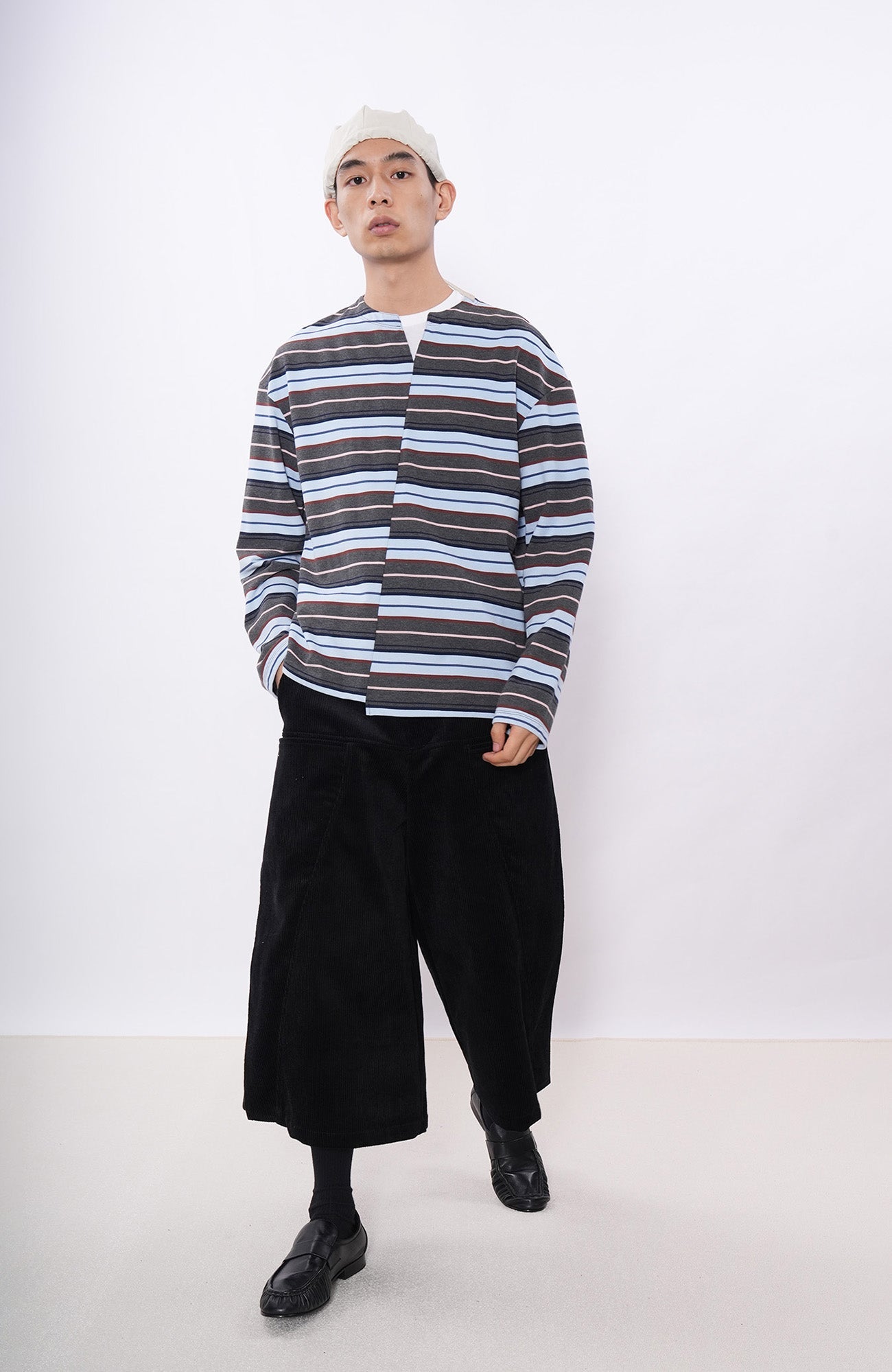 7440 37 1 Asymmetrical Stripe Panel Long Sleeve-L/S Tee-S (Preorder)-Blue and White-Free Shipping Leatheretro