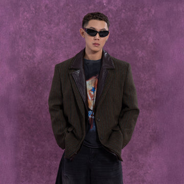 CLP Faux Leather Layered Collar Herringbone Blazer-Jacket-S-Free Shipping Leatheretro