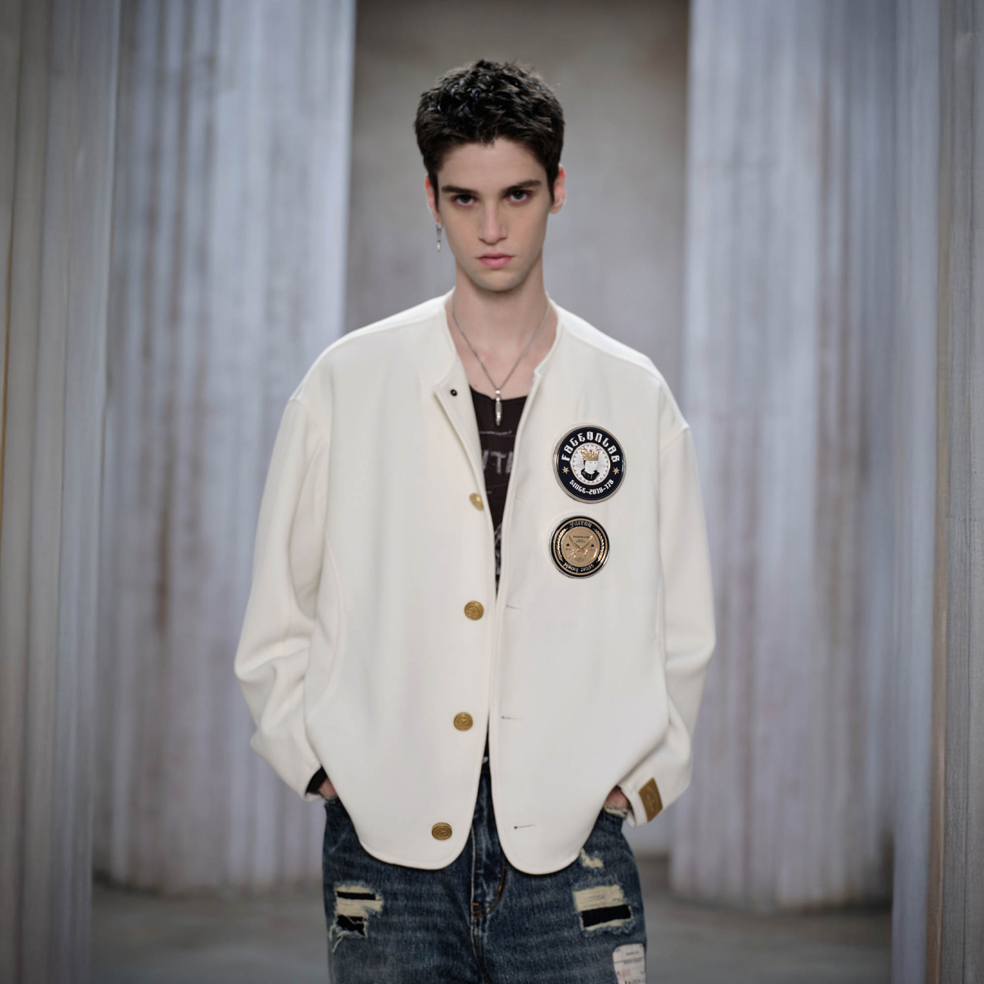 FACEONLAB Badge-Patch Crew-Neck Oversized Jacket-Jacket-M-White-Free Shipping Leatheretro