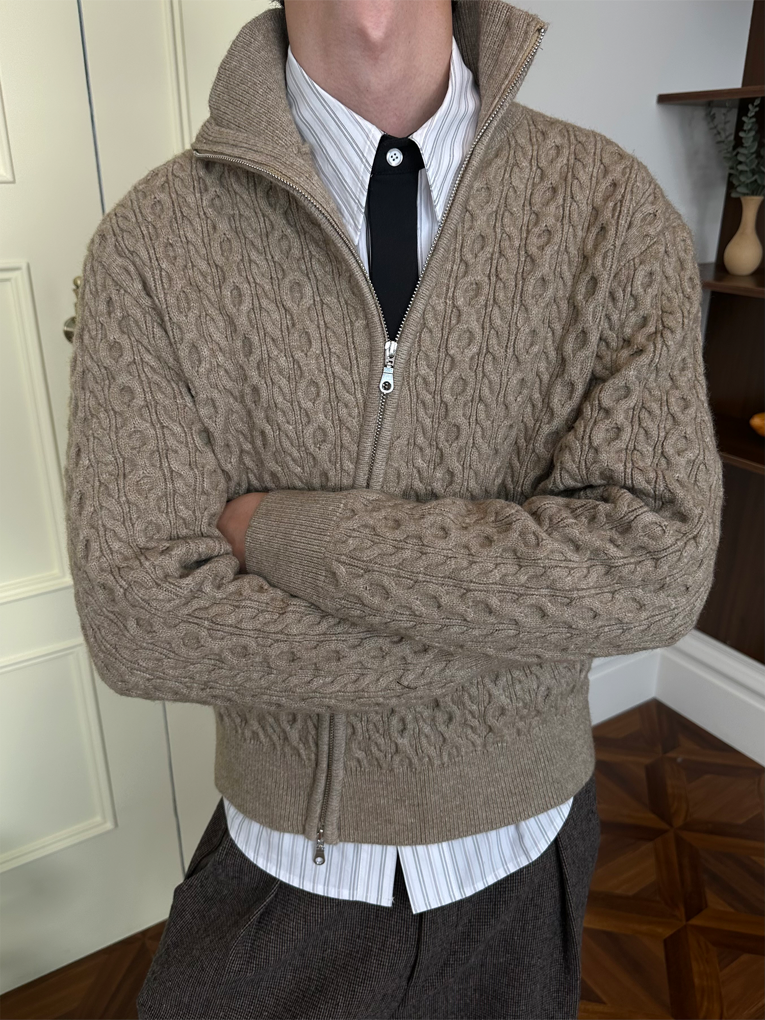 KREATE Asymmetrical Zip Cable-Knit Sweater-Jacket-S-Black-Free Shipping Leatheretro