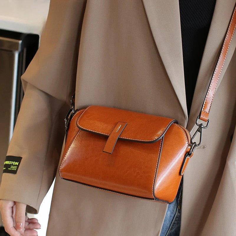 Oil Wax Cowhide Leather Crossbody Bag - Fashionable Versatile Shoulder Shell Handbag-Crossbody Bag-Black-Free Shipping Leatheretro