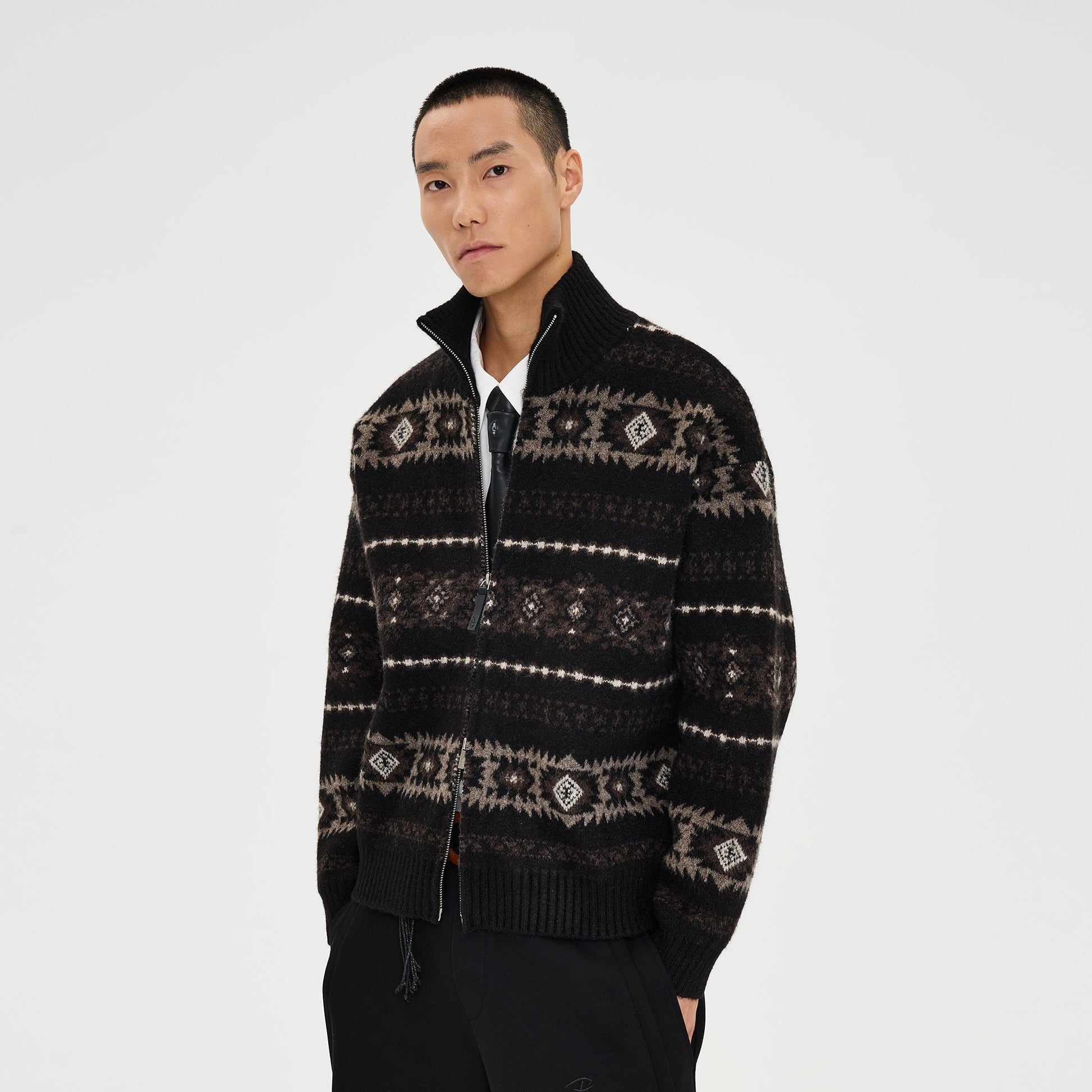 CATSSTAC Geometry Jacquard Zip-Up Cardigan-Jacket-M (Preorder)-Coffee-Free Shipping Leatheretro