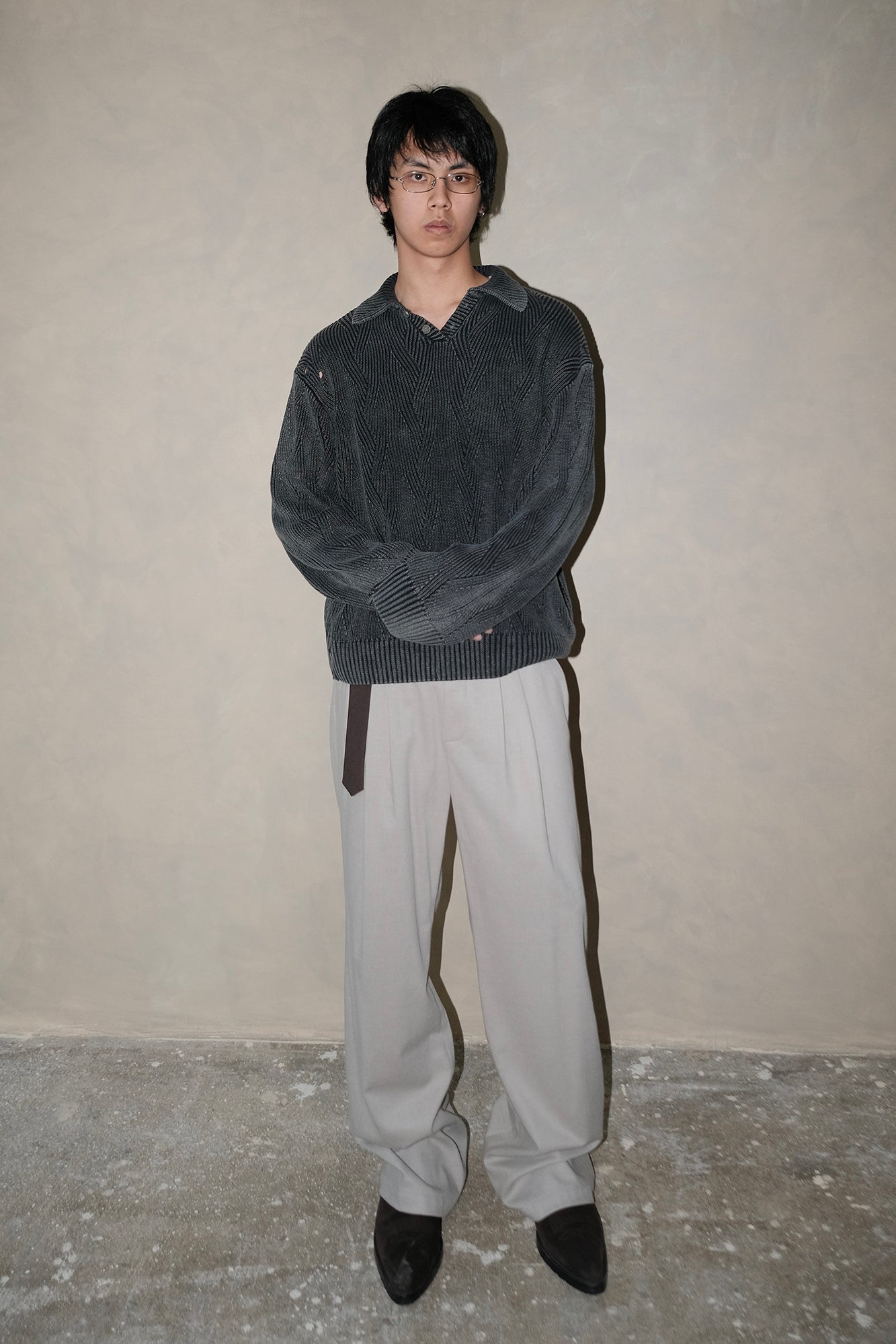 IN EXISTENCE Distressed Chevron Collared Sweater-Sweater-S-Dark Gray-Free Shipping Leatheretro