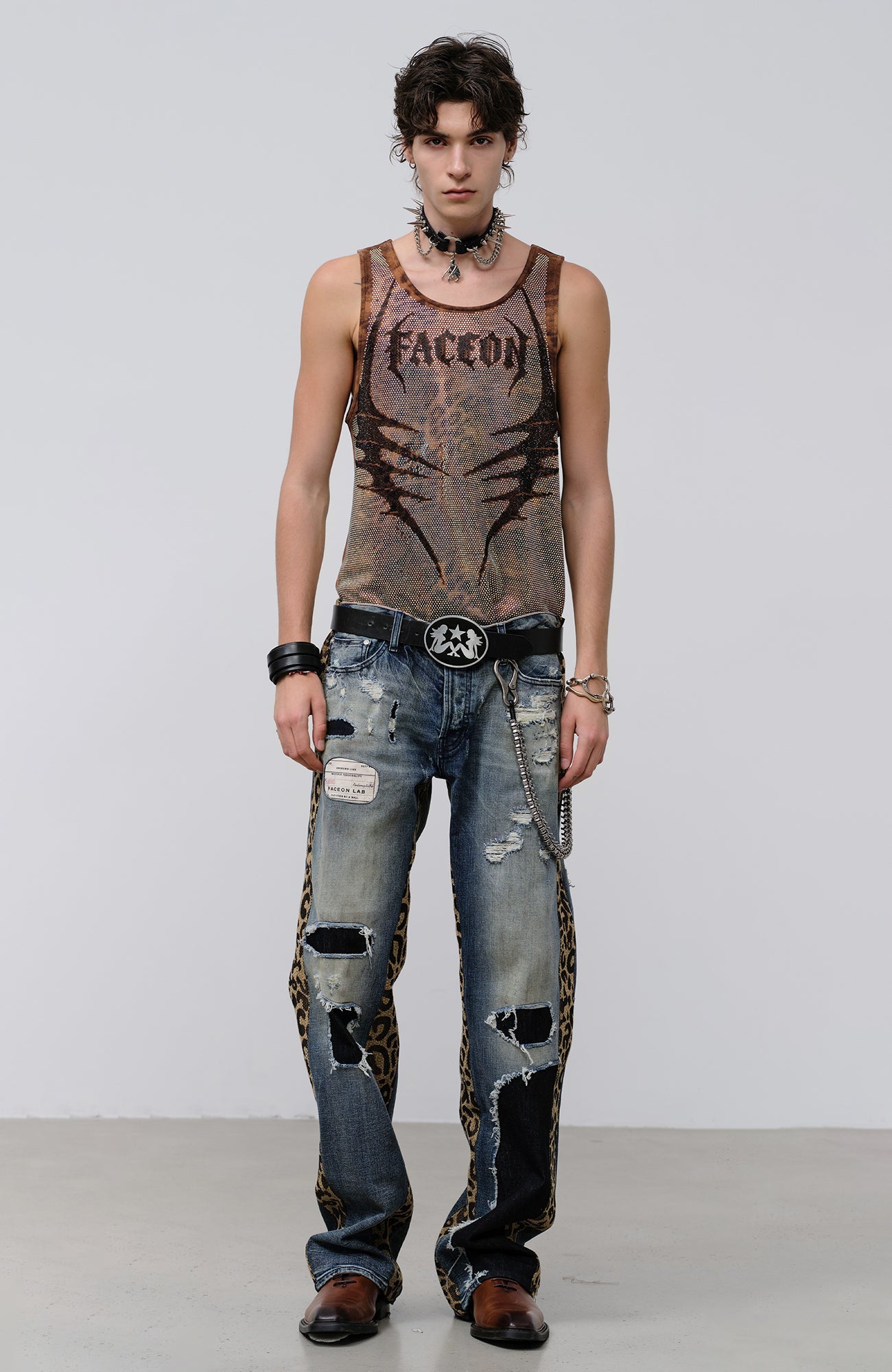 FACEONLAB Leopard Panel Distressed Straight-Leg Jeans-Jeans-M (preorder)-Free Shipping Leatheretro