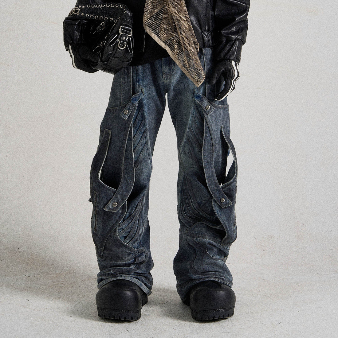 FLYERRER Deconstructed Multi-Strap Wide-Leg Jeans-Jeans-S-Free Shipping Leatheretro