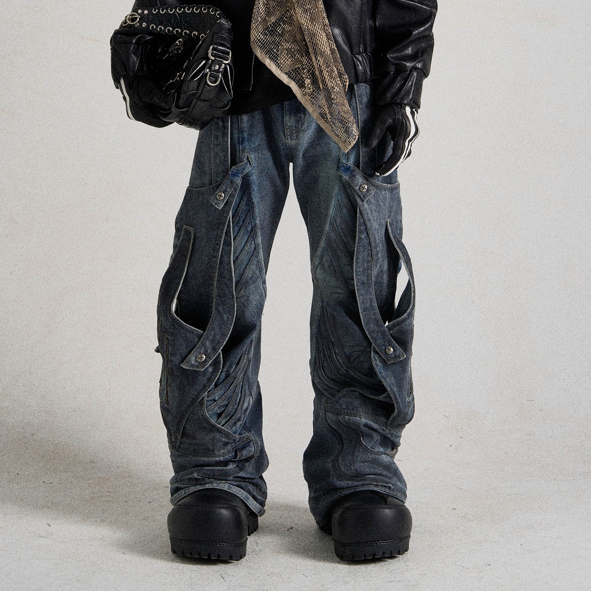 FLYERRER Deconstructed Multi-Strap Wide-Leg Jeans-Jeans-S-Free Shipping Leatheretro