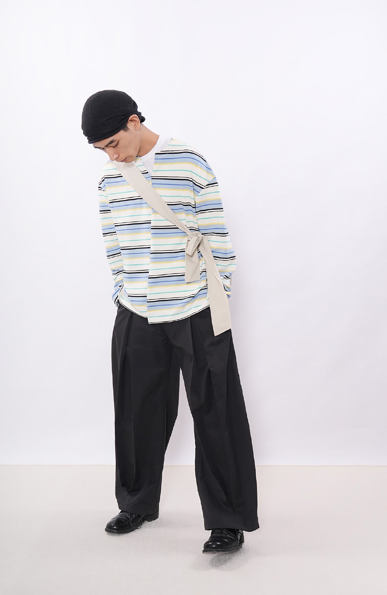 7440 37 1 Asymmetrical Stripe Panel Long Sleeve-L/S Tee-S (Preorder)-Blue and White-Free Shipping Leatheretro