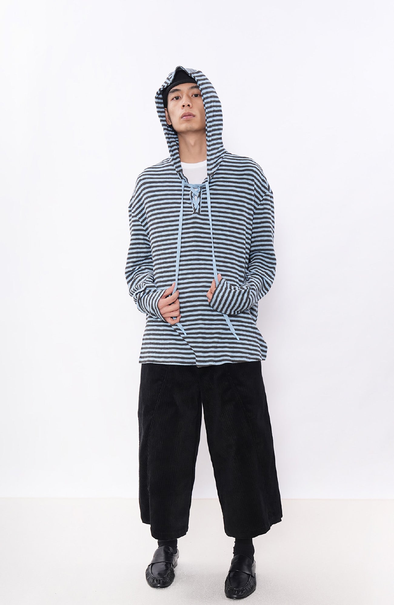7440 37 1 Striped Lace-Up Hoodie Tee-L/S Tee-S (Preorder)-Free Shipping Leatheretro