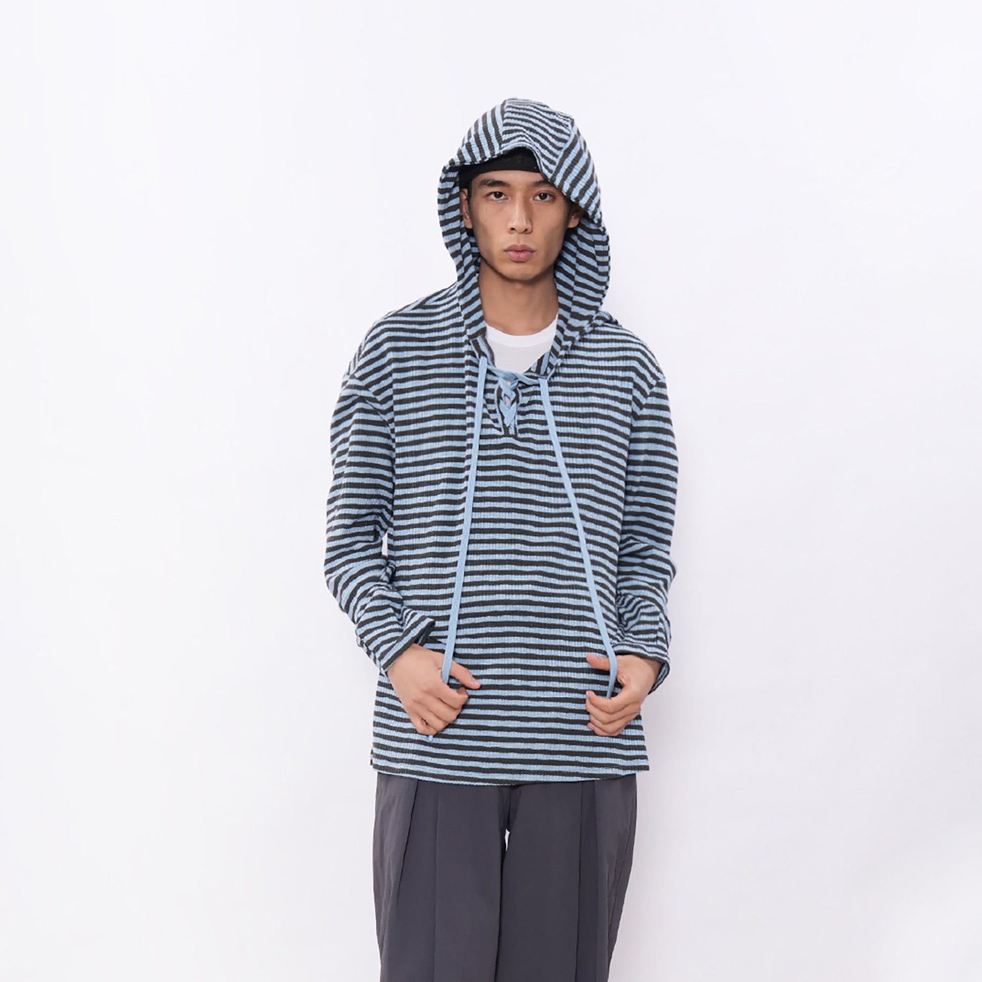 7440 37 1 Striped Lace-Up Hoodie Tee-L/S Tee-S (Preorder)-Free Shipping Leatheretro
