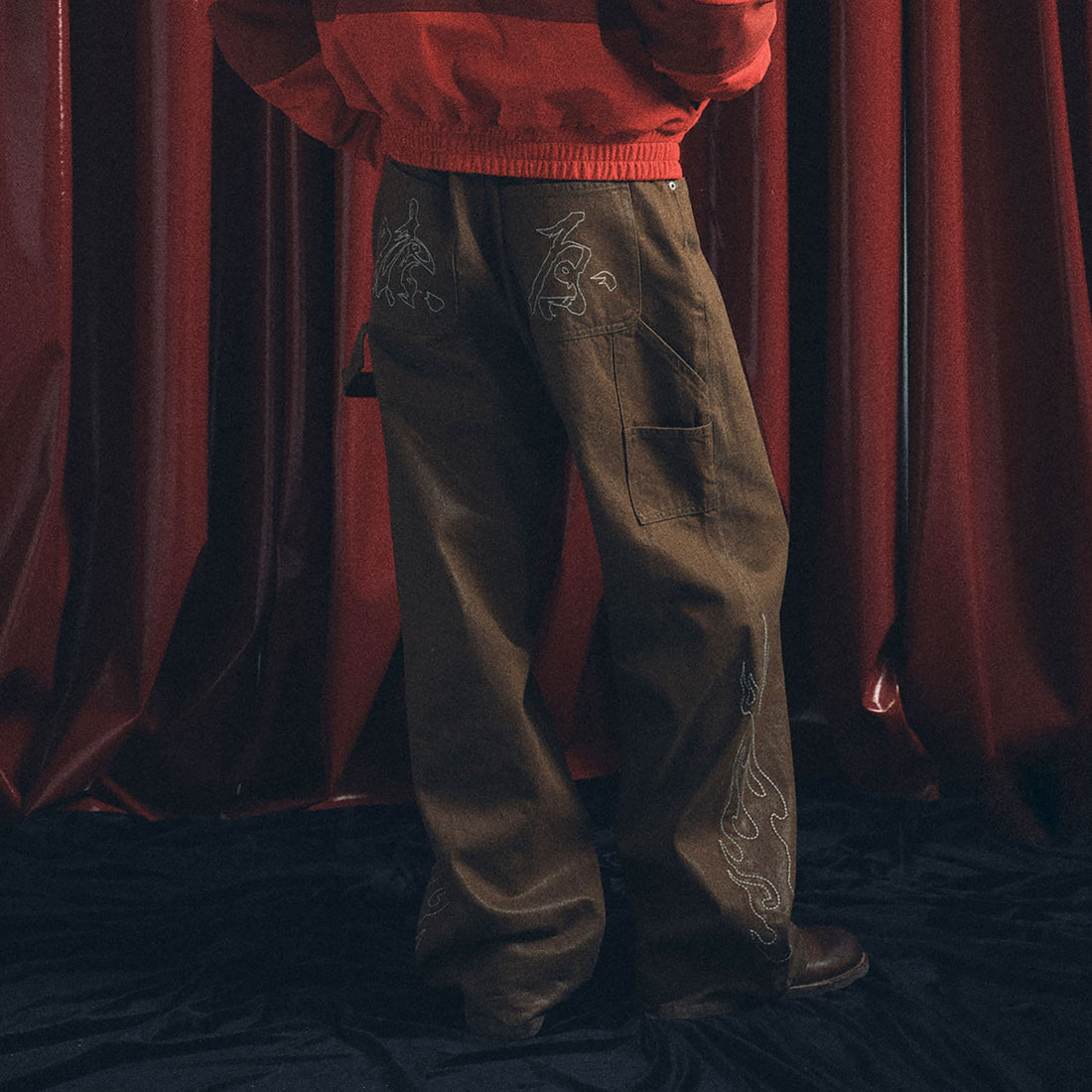 TRECLUB Waxed Flame Embroidery Jeans-Jeans-S-Free Shipping Leatheretro