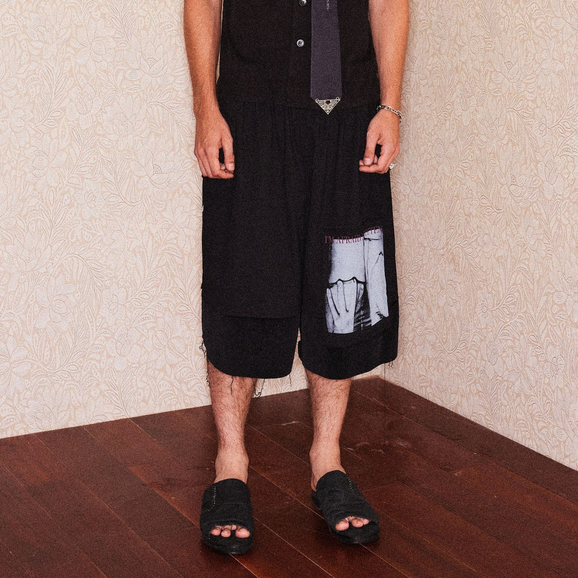 RICHILL Graphic Patchwork Raw Hem Drawstring Shorts-Shorts-S-Black-Free Shipping Leatheretro