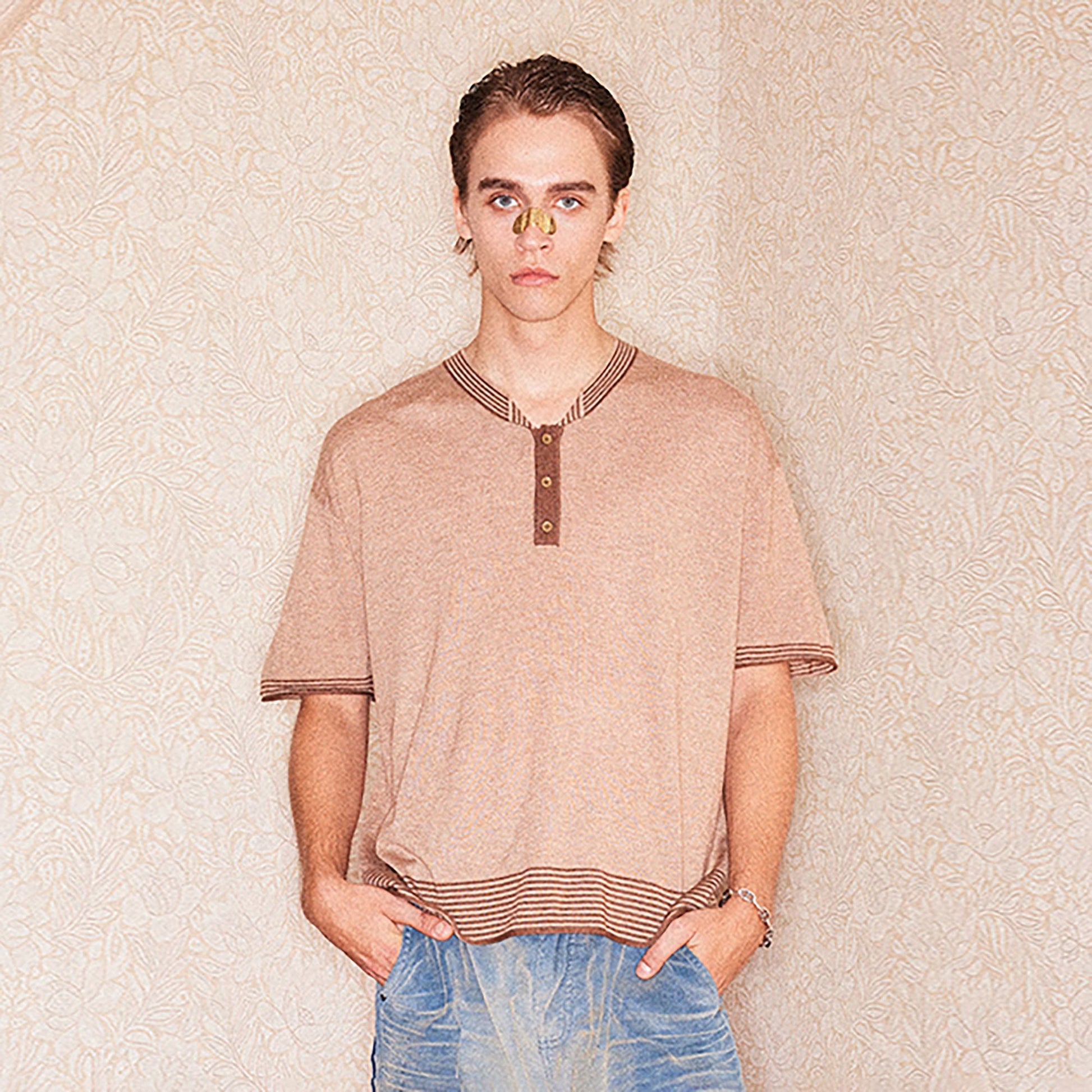 RICHILL Button-Collar Stripe-Trim T-Shirt-T Shirt-S-Free Shipping Leatheretro