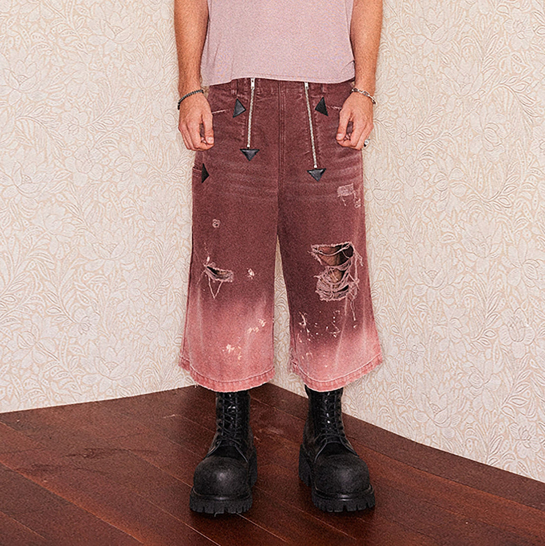 RICHILL Distressed Fade Washed Arrow Zipper Shorts-Shorts-S-Free Shipping Leatheretro