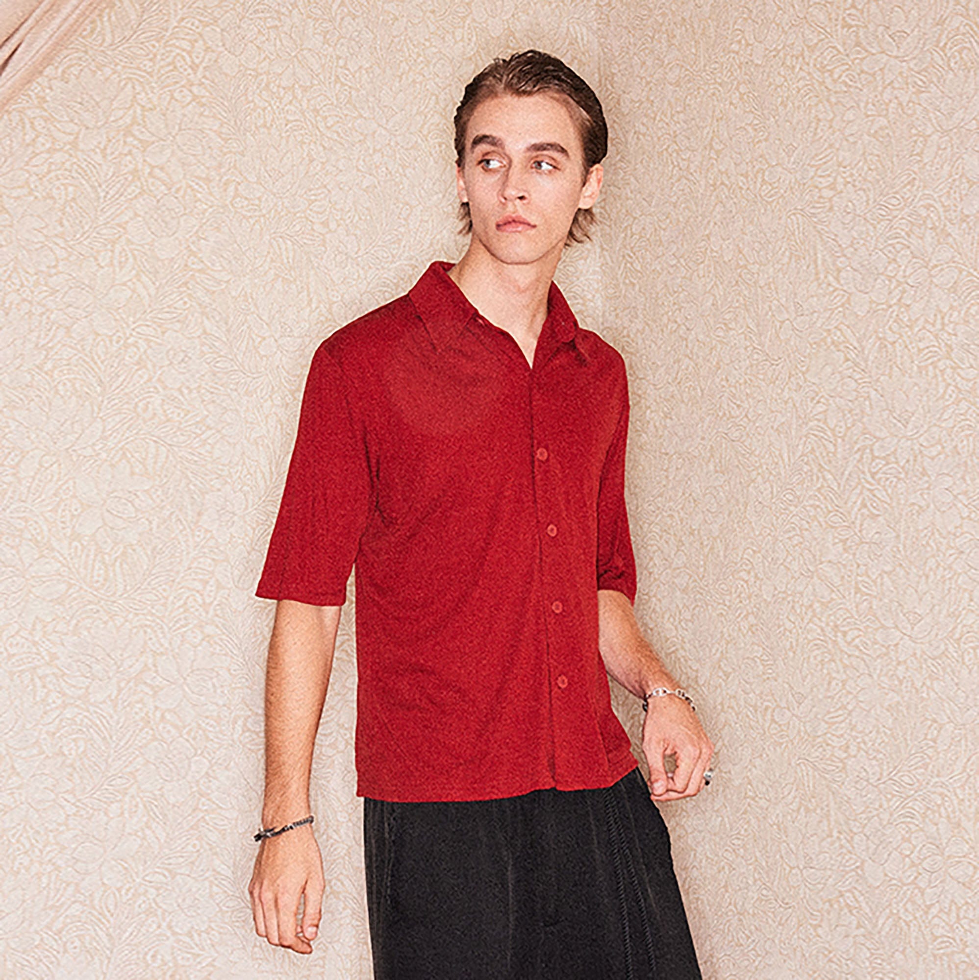 RICHILL Refined Acetate Button-Up Polo Half Shirt-Half shirt-S-Red-Free Shipping Leatheretro