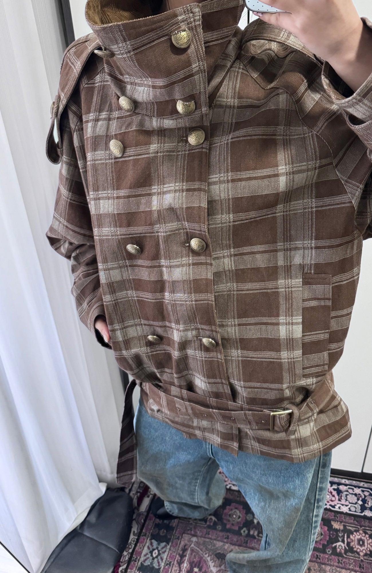 TRECLUB Retro Plaid Double-Breasted Trench Jacket-Jacket-S (Preorder)-Free Shipping Leatheretro