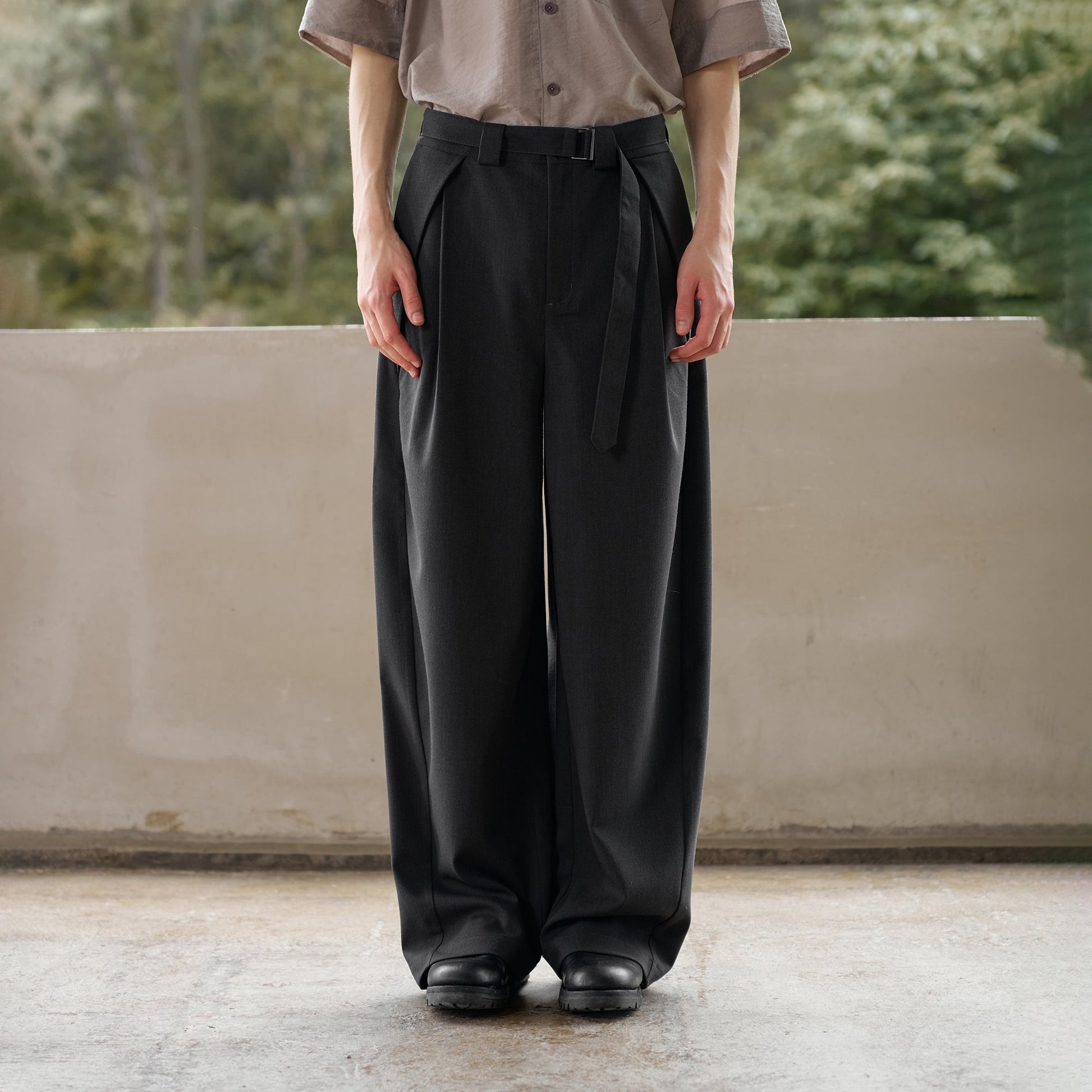 MOITIEDEPETALE Minimal Wrap Belt Curved-Leg Trousers-Pants-XS-Dark Gray-Free Shipping Leatheretro