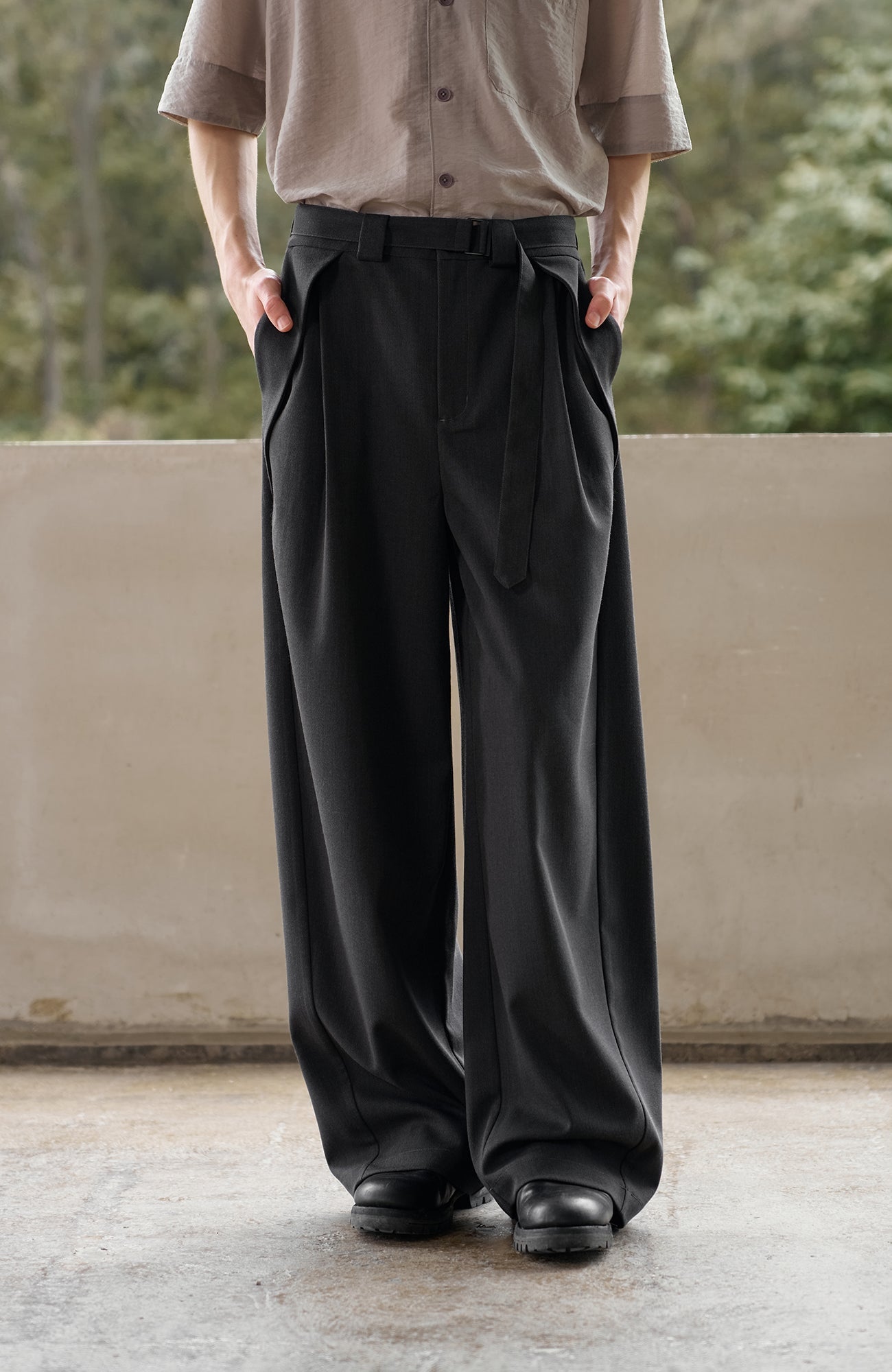 MOITIEDEPETALE Minimal Wrap Belt Curved-Leg Trousers-Pants-XS-Brown-Free Shipping Leatheretro