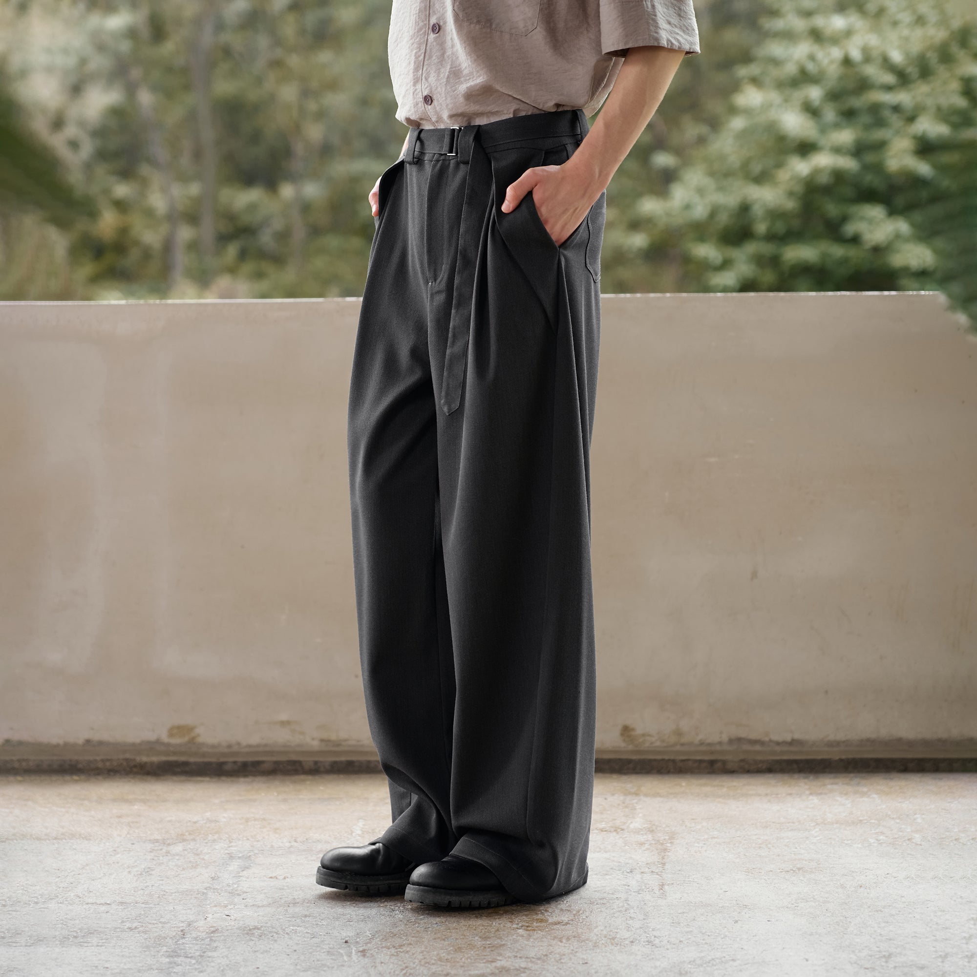 MOITIEDEPETALE Minimal Wrap Belt Curved-Leg Trousers-Pants-XS-Brown-Free Shipping Leatheretro