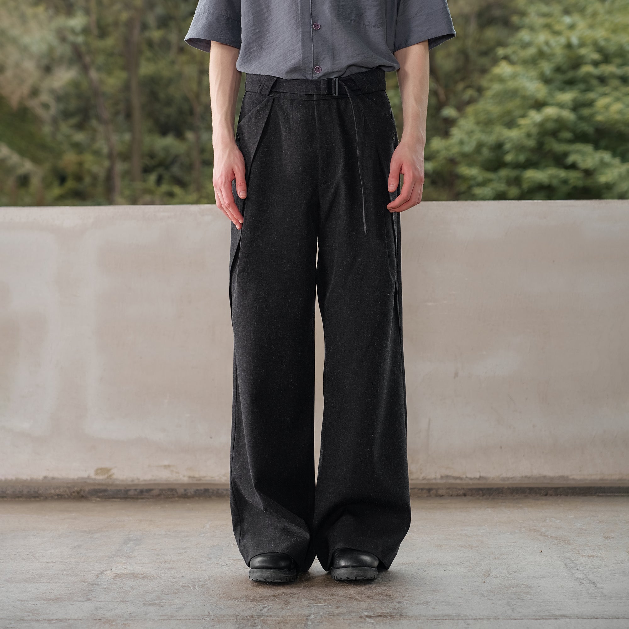 MOITIEDEPETALE Linen-Blend Wrap Belt Curved-Leg Trousers-Pants-XS (Preorder)-Free Shipping Leatheretro