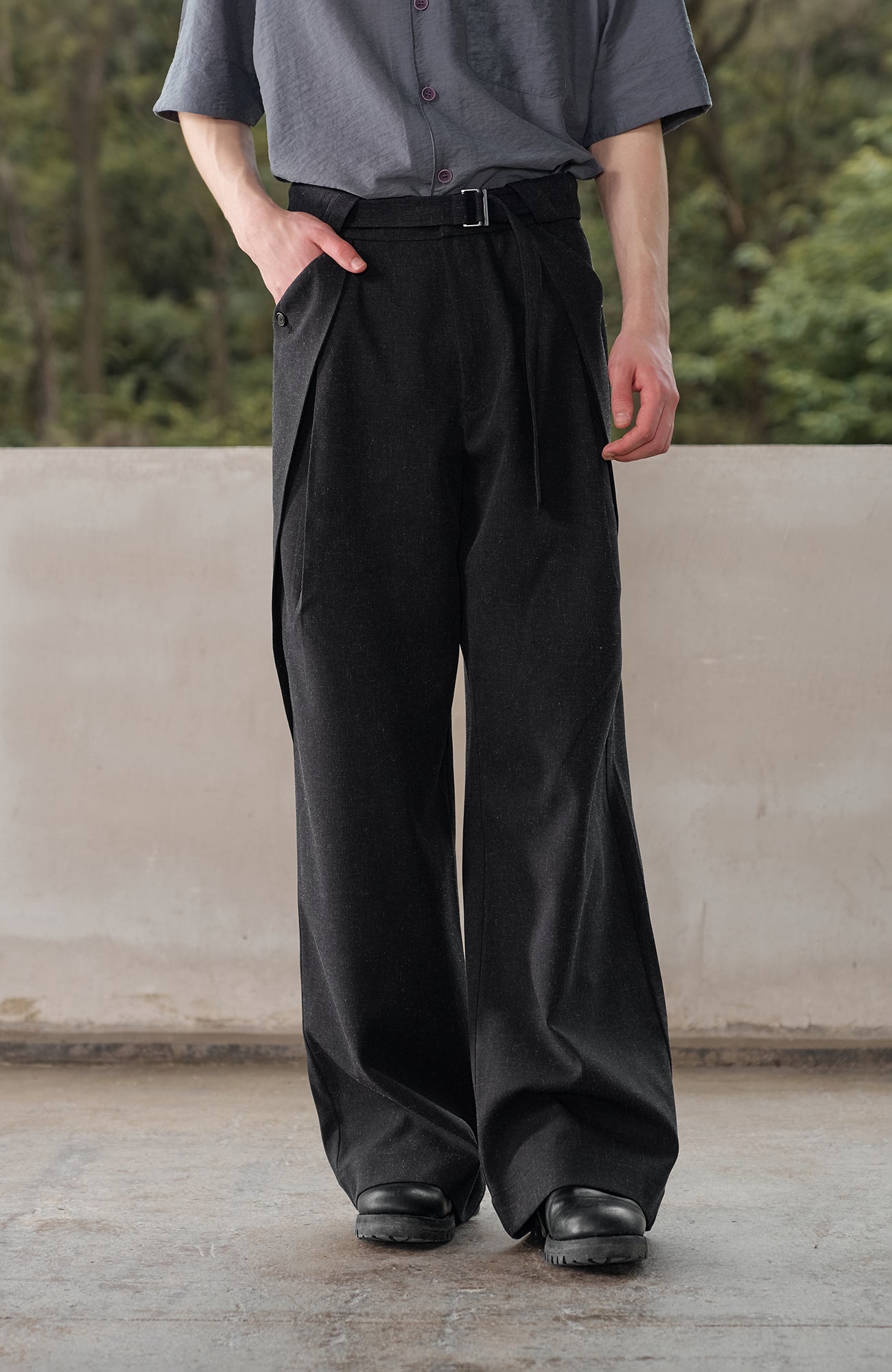 MOITIEDEPETALE Linen-Blend Wrap Belt Curved-Leg Trousers-Pants-XS (Preorder)-Free Shipping Leatheretro