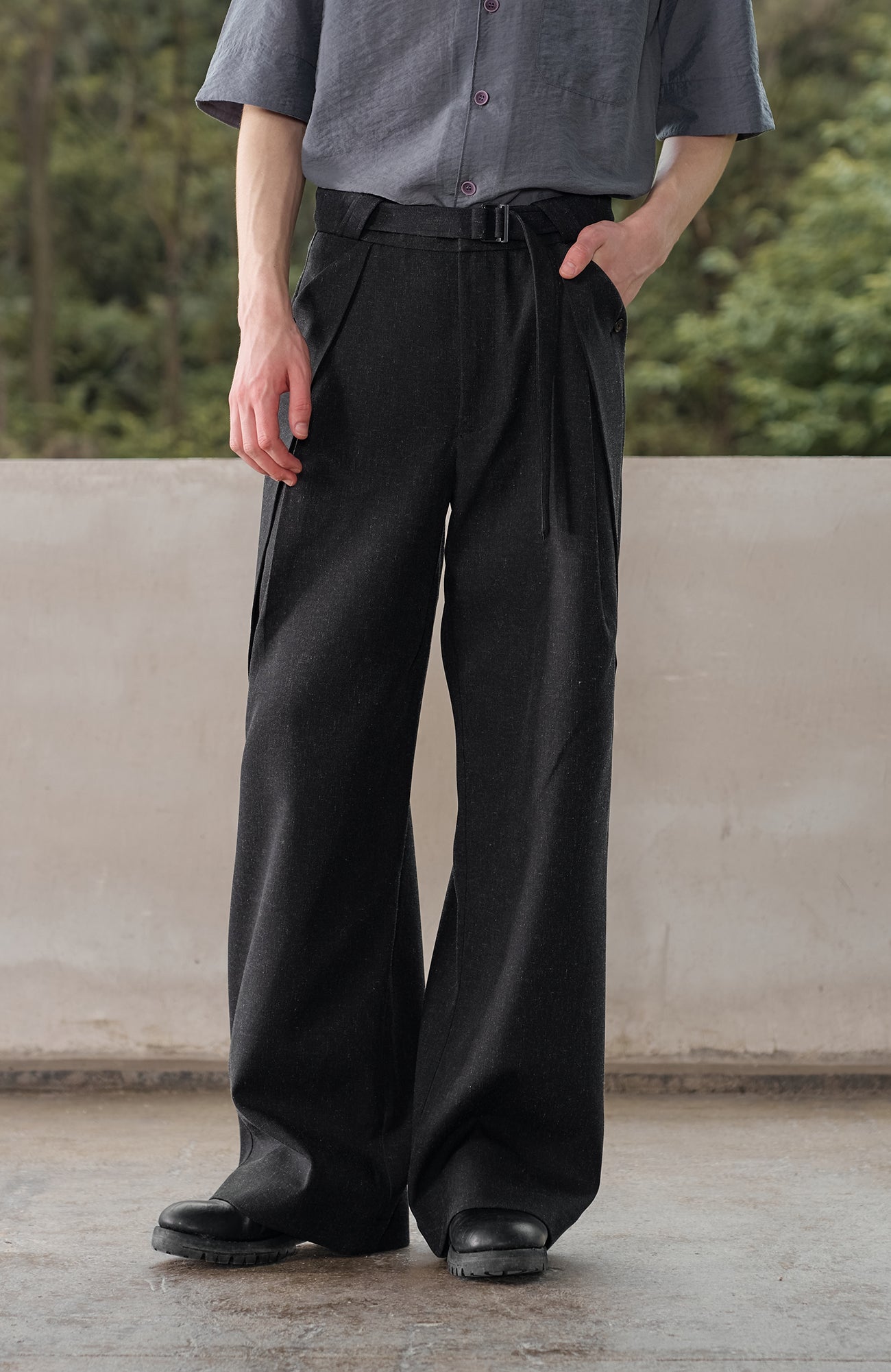 MOITIEDEPETALE Linen-Blend Wrap Belt Curved-Leg Trousers-Pants-XS (Preorder)-Free Shipping Leatheretro