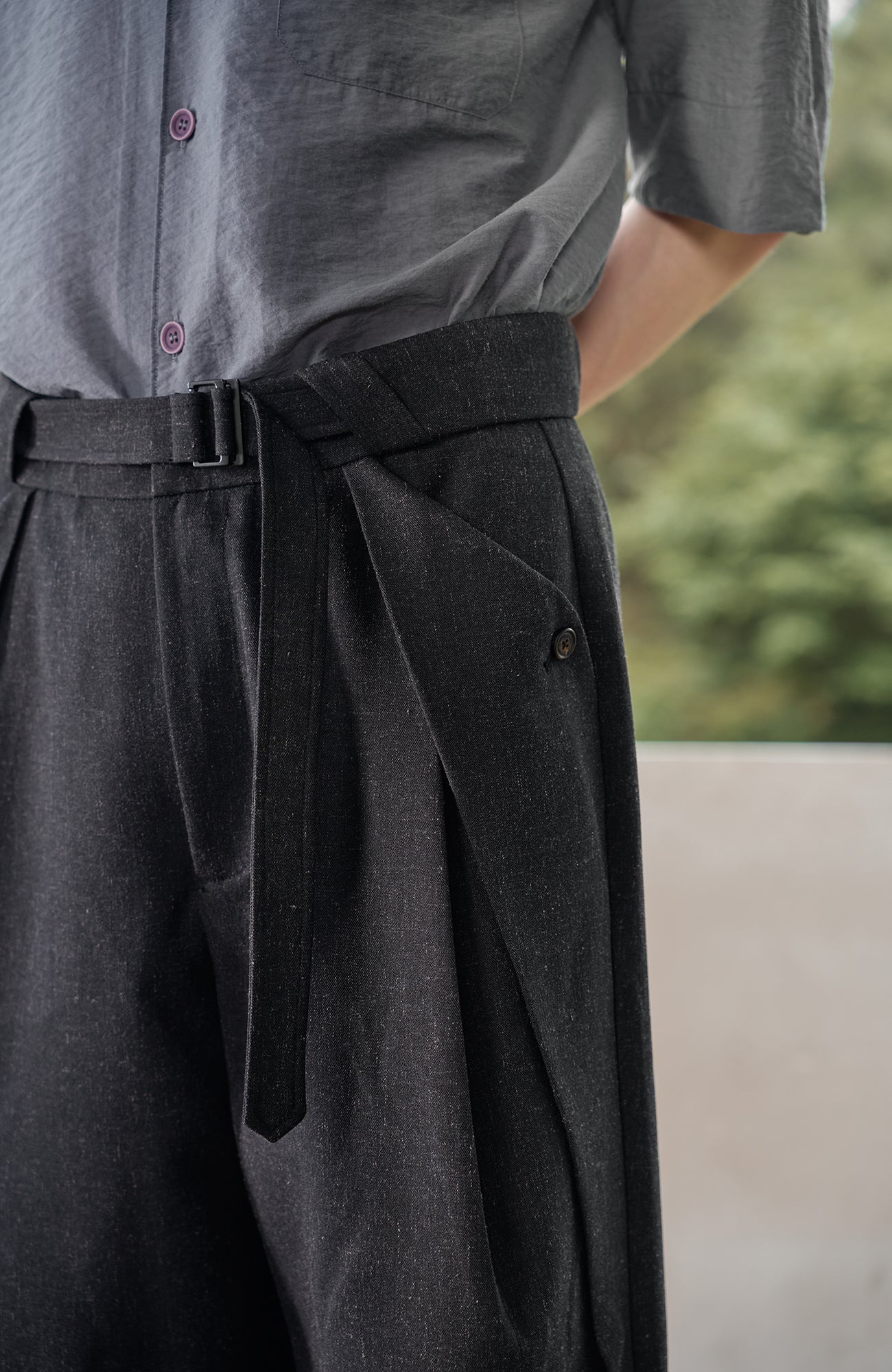MOITIEDEPETALE Linen-Blend Wrap Belt Curved-Leg Trousers-Pants-XS (Preorder)-Free Shipping Leatheretro
