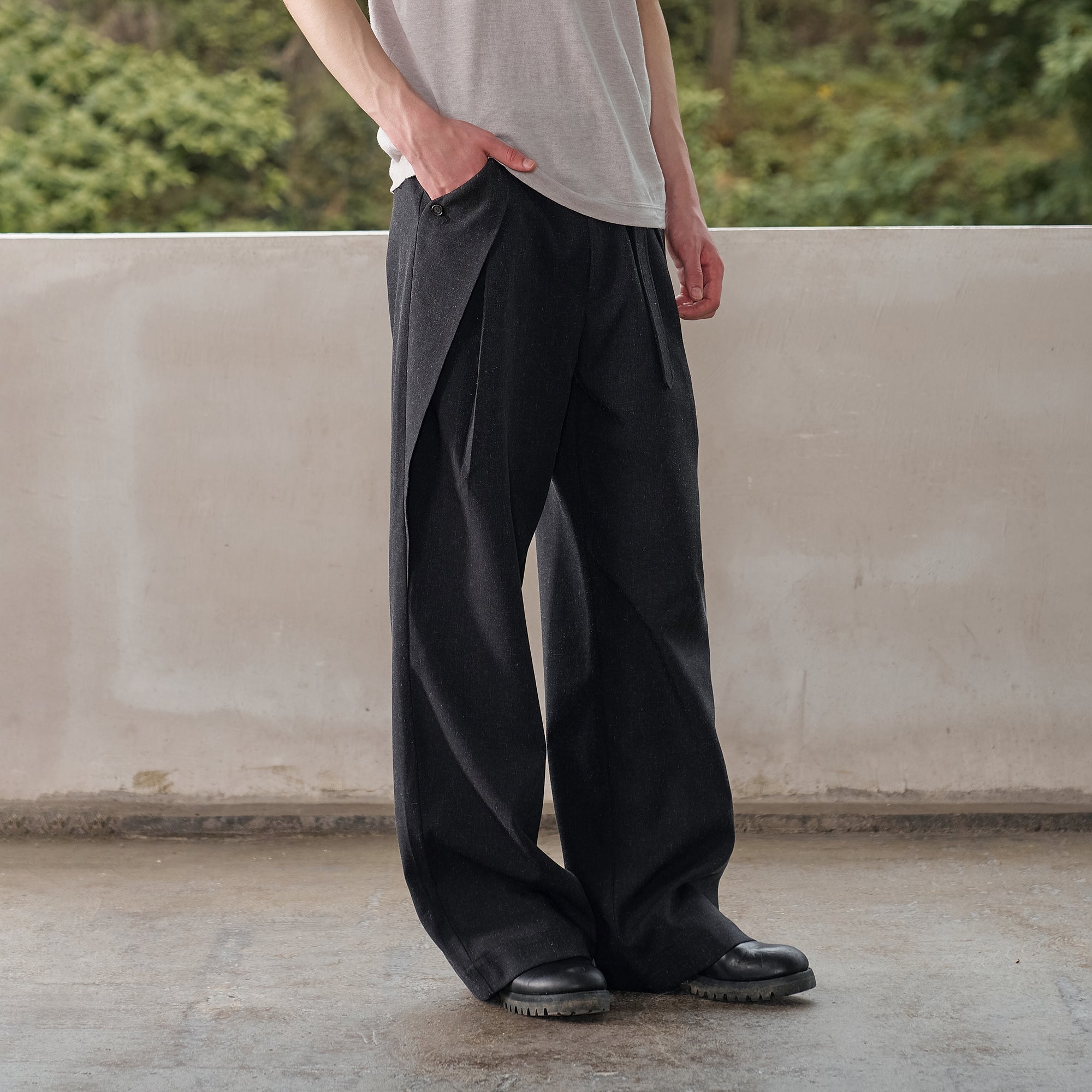 MOITIEDEPETALE Linen-Blend Wrap Belt Curved-Leg Trousers-Pants-XS (Preorder)-Free Shipping Leatheretro