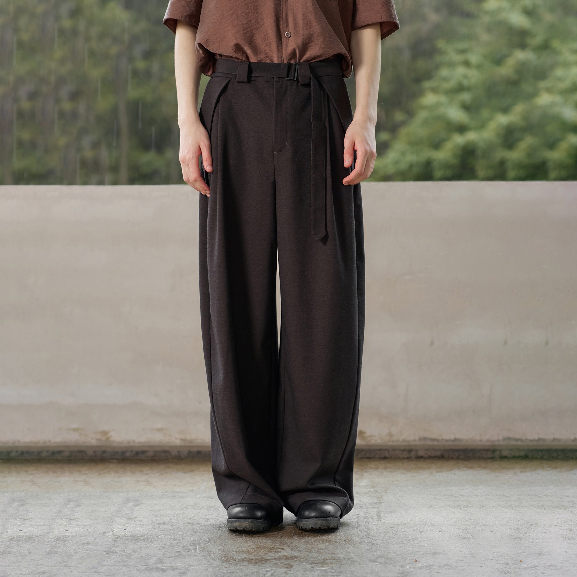 MOITIEDEPETALE Minimal Wrap Belt Curved-Leg Trousers-Pants-XS-Brown-Free Shipping Leatheretro