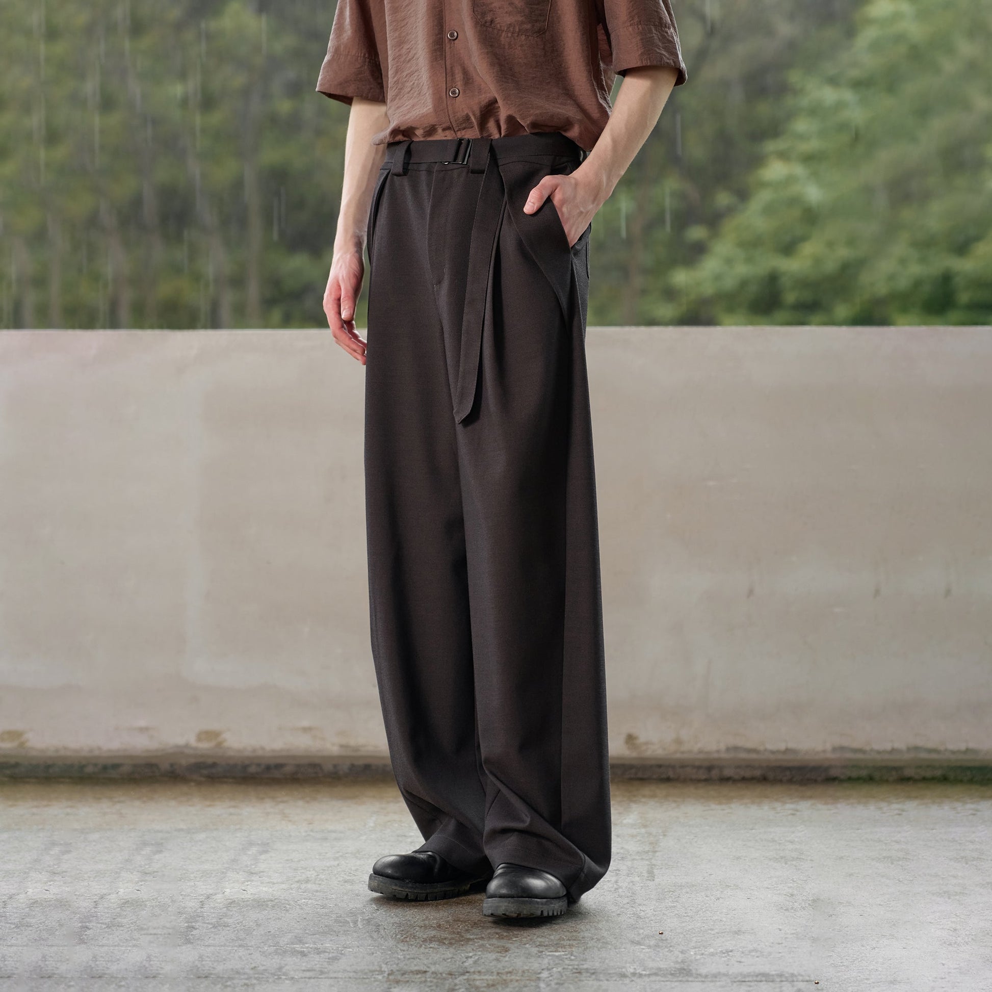 MOITIEDEPETALE Minimal Wrap Belt Curved-Leg Trousers-Pants-XS-Brown-Free Shipping Leatheretro