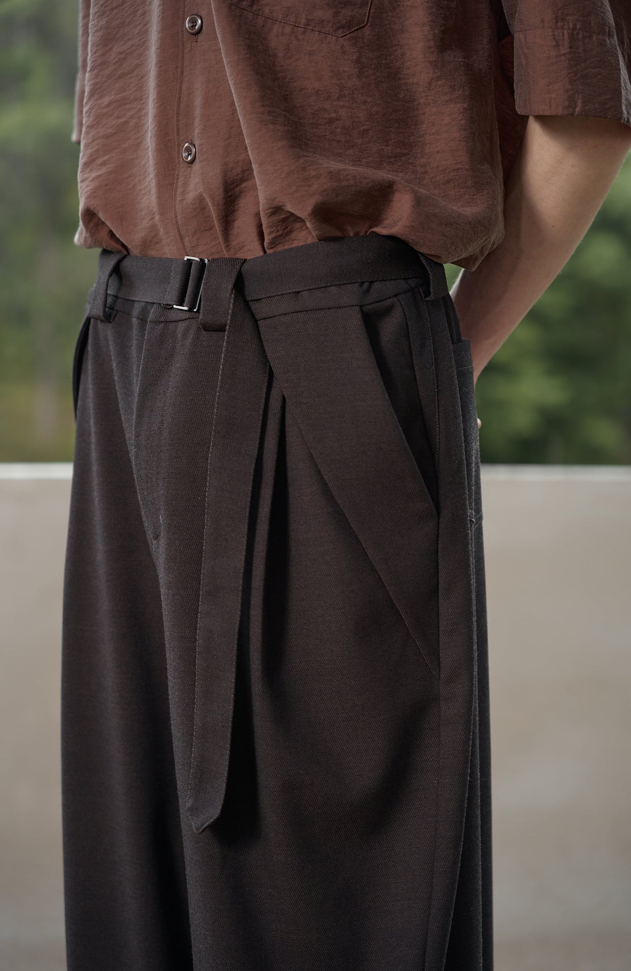MOITIEDEPETALE Minimal Wrap Belt Curved-Leg Trousers-Pants-XS-Brown-Free Shipping Leatheretro