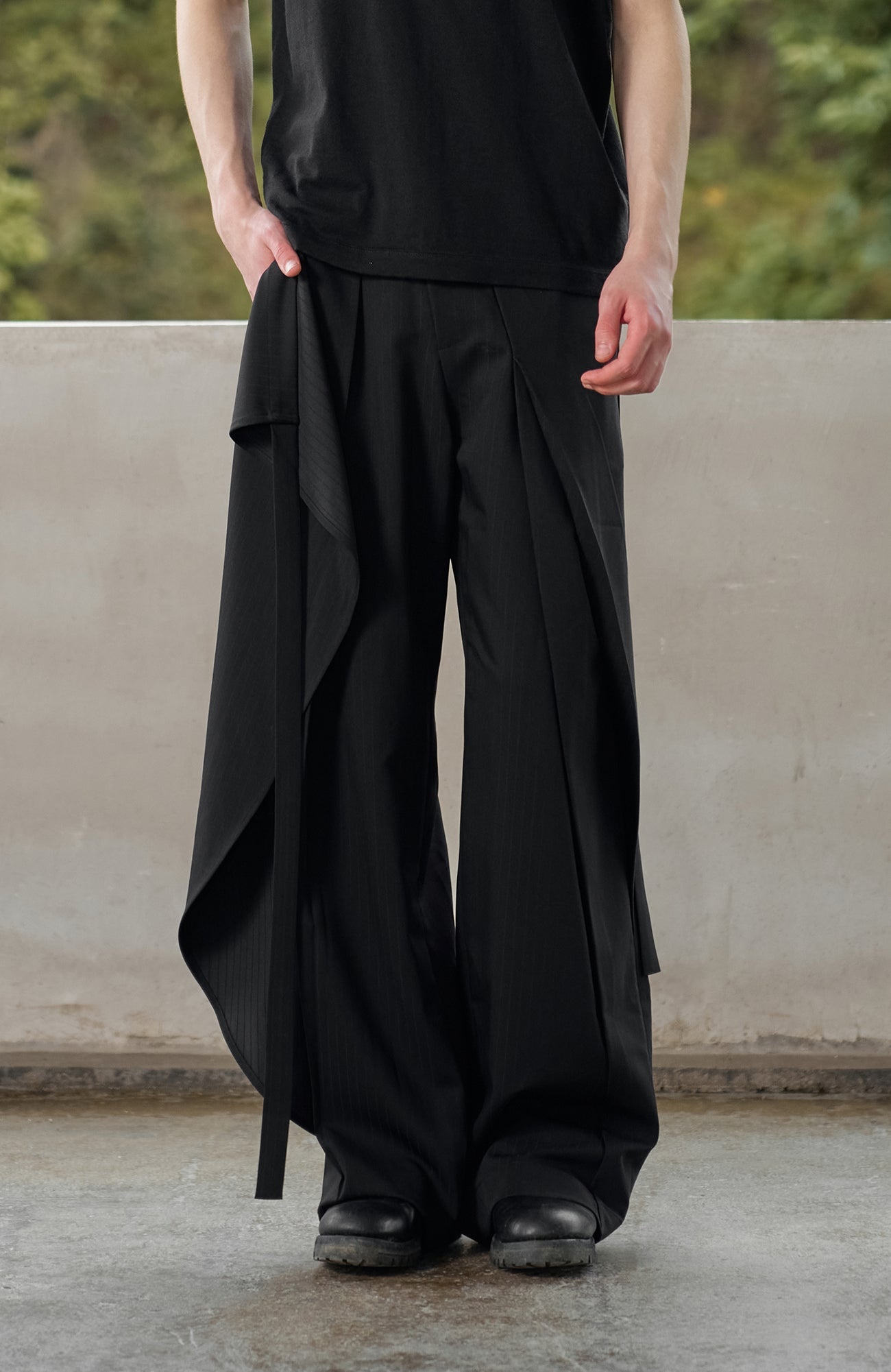 MOITIEDEPETALE Detachable Wrap Panel Slanted Pleat Trousers-Pants-XS (Preorder)-Free Shipping Leatheretro